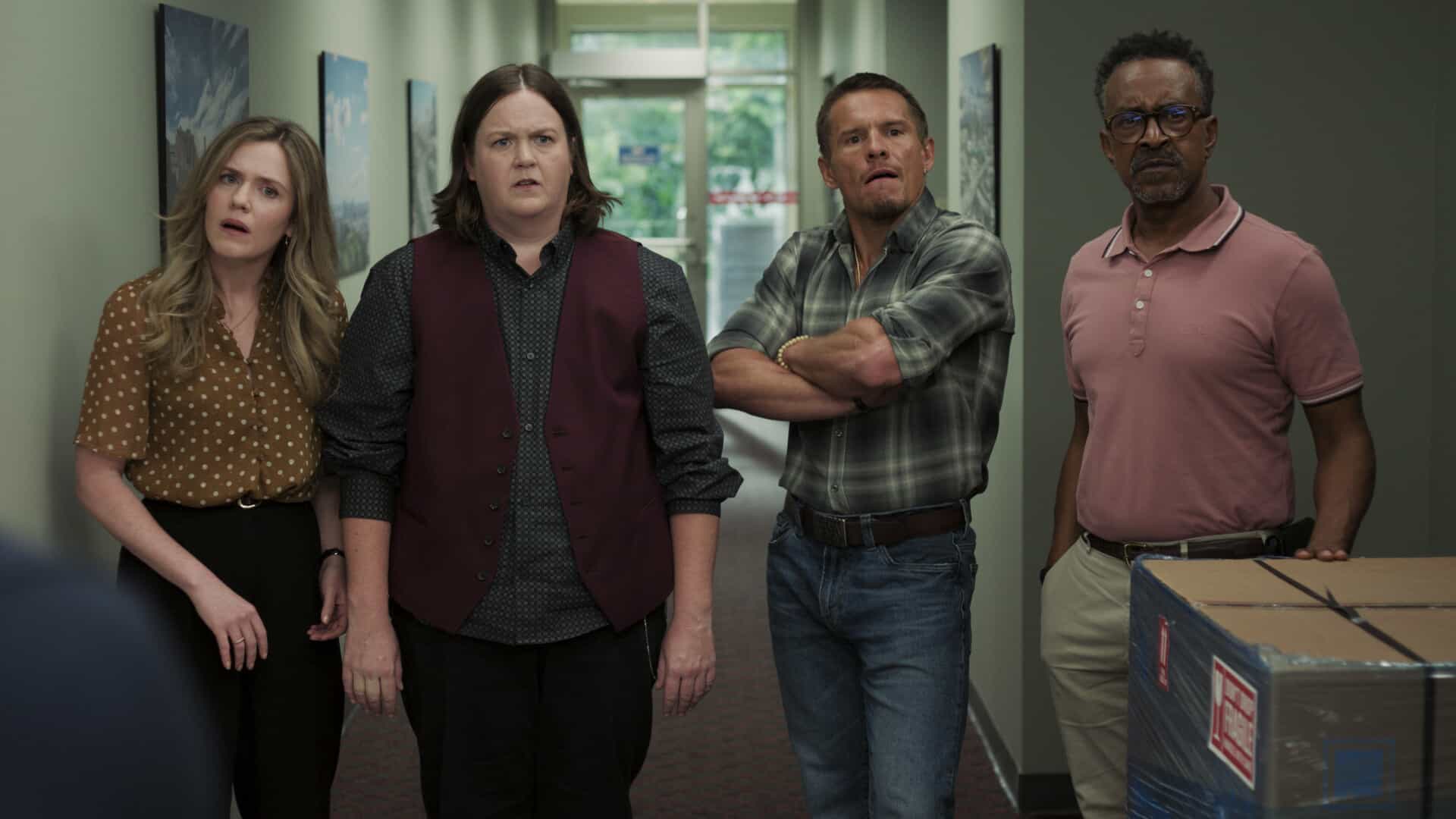 DMV Season 1 Episode 7 “There Is No I in DMV” – Barb takes the team on a field trip to the rival North Hollywood branch to learn the secrets of their success. She begins to doubt herself after meeting their charismatic manager, Beau (Randall Park). Meanwhile, Gregg and Vic get in Colette’s head that Noa prefers risk-takers, on DMV, Monday, Nov. 24 (9:30-10:00 PM, ET/PT) on the CBS Television Network, and streaming on Paramount+ (live and on-demand for Paramount+ Premium plan subscribers, or on-demand for Paramount+ Essential subscribers the day after the episode airs)*. Pictured L to R. Harriet Dyer as Colette, Molly Kearney as Barbara, Tony Cavalero as Vic, and Tim Meadows as Gregg. Photo: CBS ©2025 CBS Broadcasting, Inc. All Rights Reserved. Highest quality screengrab available.