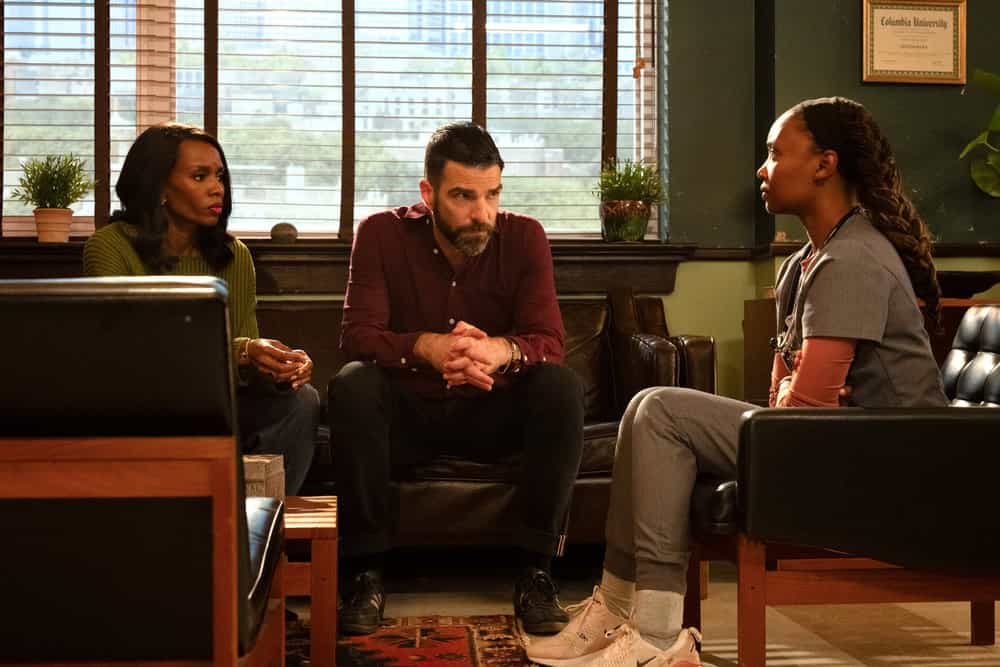 Brilliant Minds Season 2 Episode 9 -- "Fire Fighter" Episode 209 -- Pictured: (l-r) Tamberla Perry as Dr. Carol Pierce, Zachary Quinto as Dr. Oliver Wolf, Ashleigh LaThrop as Dr. Ericka Kinney -- (Photo by: Pief Weyman/NBC)