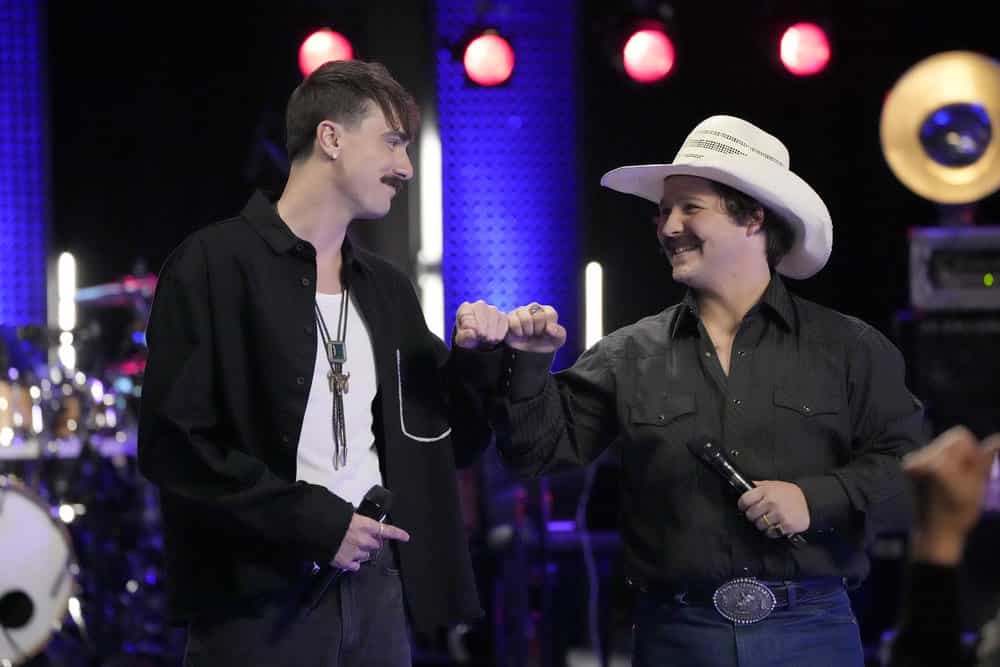 The Voice Season 28 Episode 14 -- "The Knockouts Part 5" Episode 2814 -- Pictured: (l-r) Peyton Kyle, Austin Gilbert -- (Photo by: Casey Durkin/NBC)