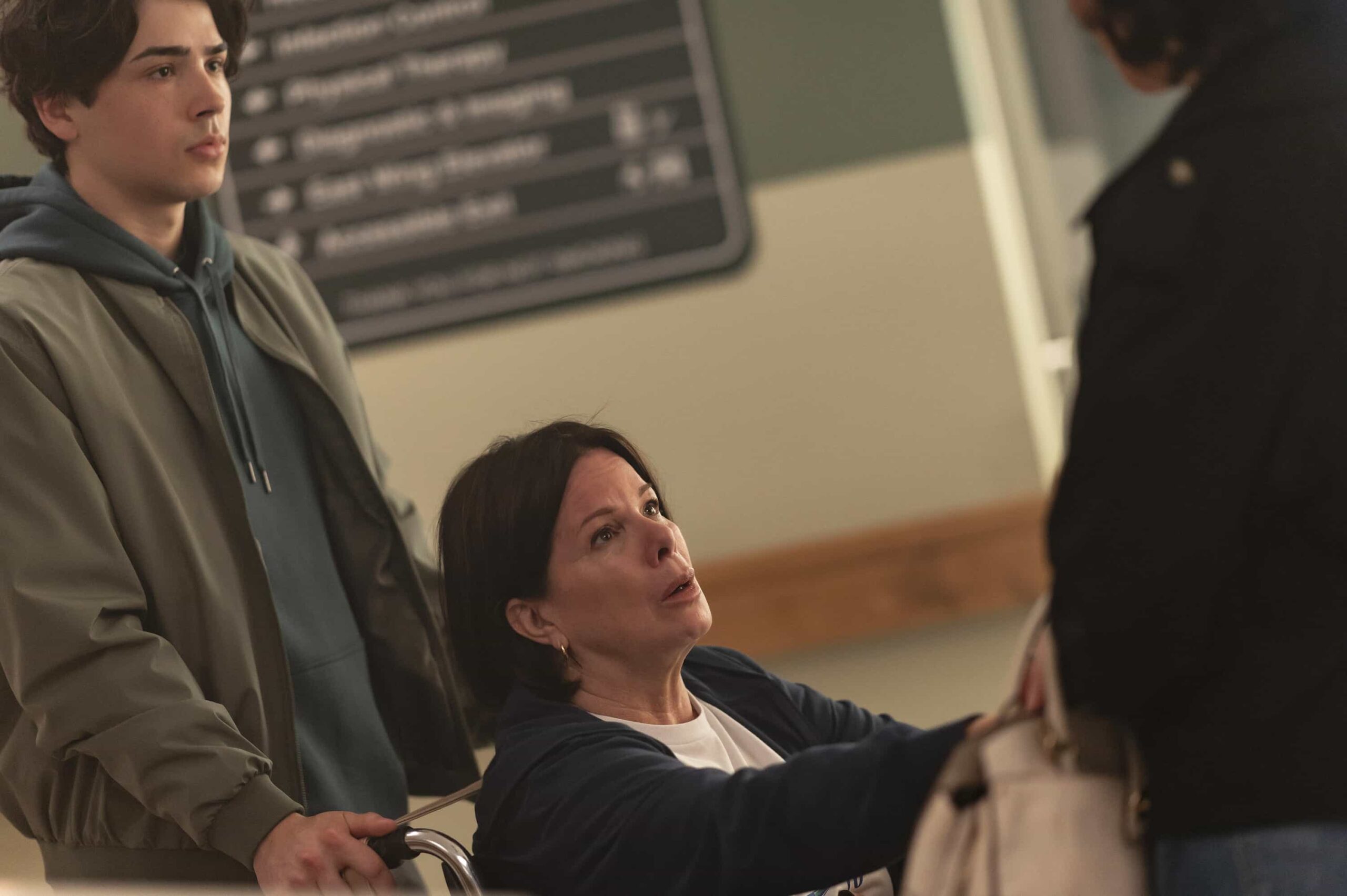 MURDER IN A SMALL TOWN: L-R: Guest star Jacob Shoemay and Marcia Gay Harden in the "Fall of Holman" episode of MURDER IN A SMALL TOWN airing Tuesday, Nov. 25 (8:00-9:00PM ET/PT) on FOX. ©2025 Fox Media LLC. CR: Kailey Schwerman/ FOX.