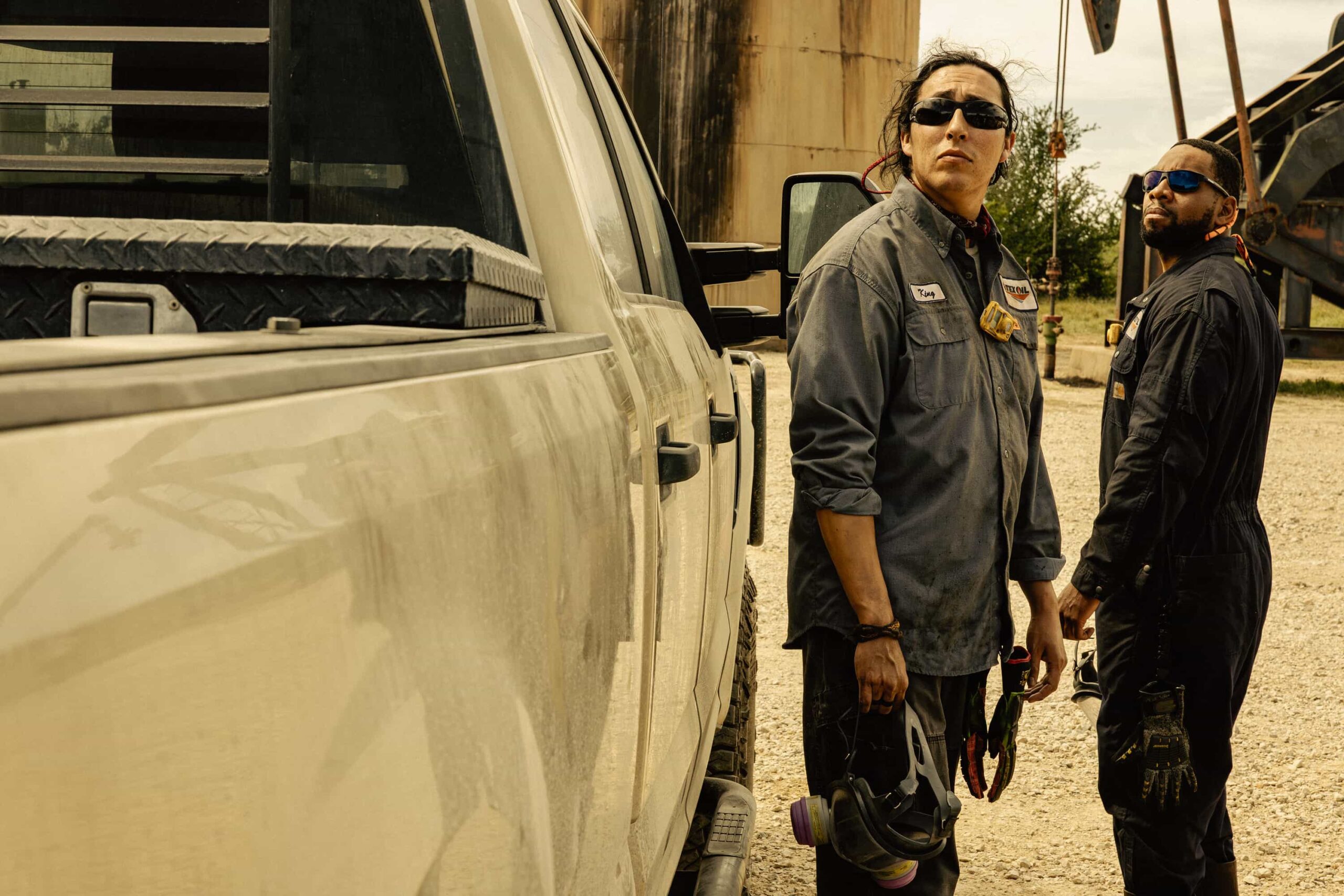 Douglas Hall as King and Mustafa Speaks as Theodore Boss Ramone in Landman episode 3, season 2, streaming on Paramount+. Photo Credit: Emerson Miller/Paramount+