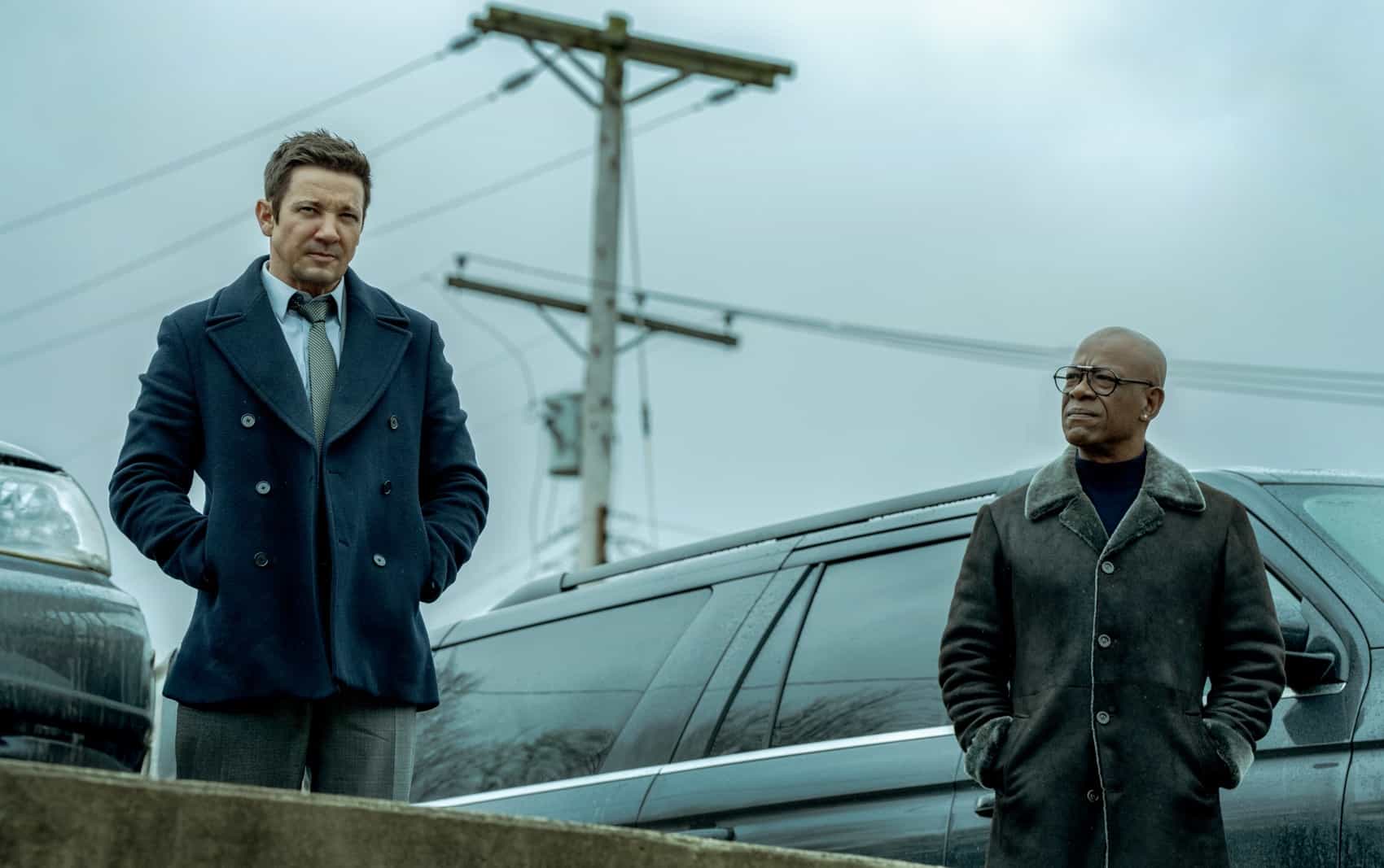 L-R: Jeremy Renner as Mike McLusky and Lennie James as Frank Moses in Mayor of Kingstown episode 6, season 4, streaming on Paramount+, 2025. Credit: Dennis P. Mong Jr./Paramount+ ©2025 Viacom International Inc. All Rights Reserved. Mayor of Kingstown and all related titles, logos and characters are trademarks of Viacom International Inc.
