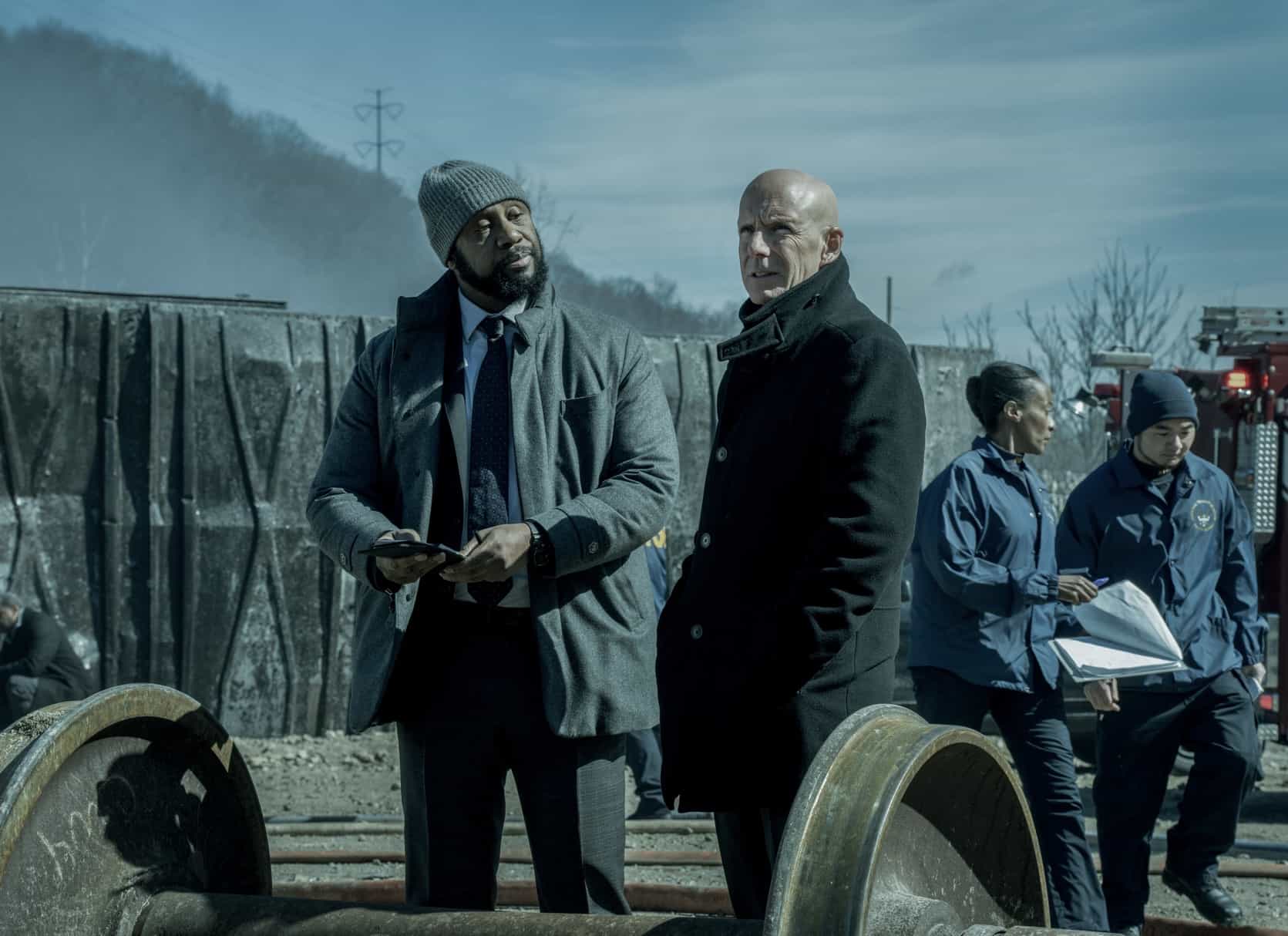 L-R: Derek Webster as Stevie and Hugh Dillon as Ian in Mayor of Kingstown episode 6, season 4, streaming on Paramount+, 2025. Credit: Dennis P. Mong Jr./Paramount+ ©2025 Viacom International Inc. All Rights Reserved. Mayor of Kingstown and all related titles, logos and characters are trademarks of Viacom International Inc.