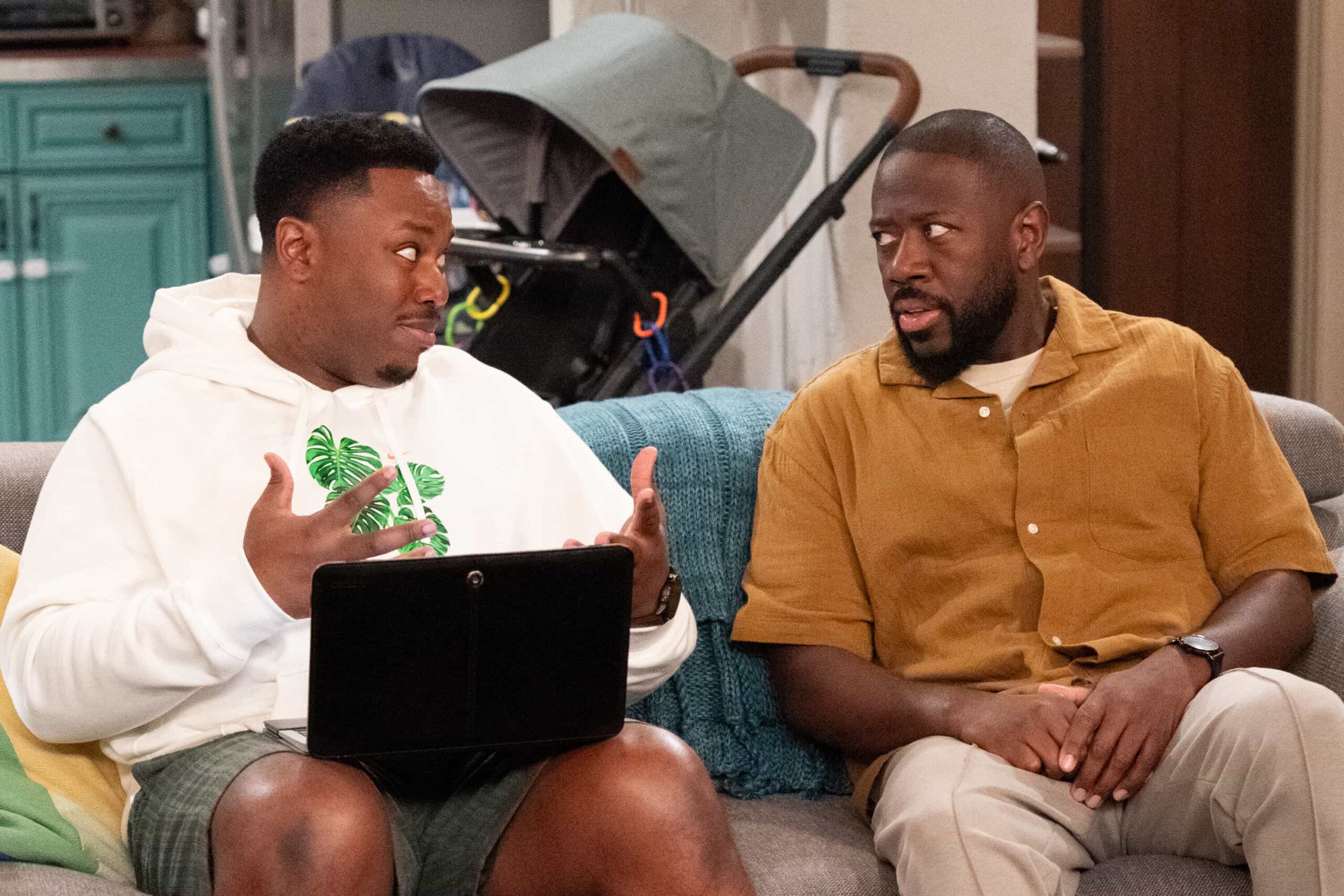 The Neighborhood Season 8 Episode 7 “Welcome to Babies and Bathwater” – Dave’s ambitious home improvement plans take a turn, prompting Calvin to step in, while Malcolm seeks Gemma’s help to overcome writer’s block. Meanwhile, Tina’s suggestion for Daphne sparks a parenting dilemma for Courtney, on THE NEIGHBORHOOD, Monday, Dec. 1 at a special time (8:30-9:00 PM, ET/PT) on the CBS Television Network, and streaming on Paramount+ (live and on-demand for Paramount+ Premium subscribers, or on-demand for Paramount+ Essential subscribers the day after the episode airs)*. Pictured: Marcel Spears as Marty and Sheaun McKinney as Malcolm. Photo: Monty Brinton/CBS ©2025 CBS Broadcasting, Inc. All Rights Reserved.