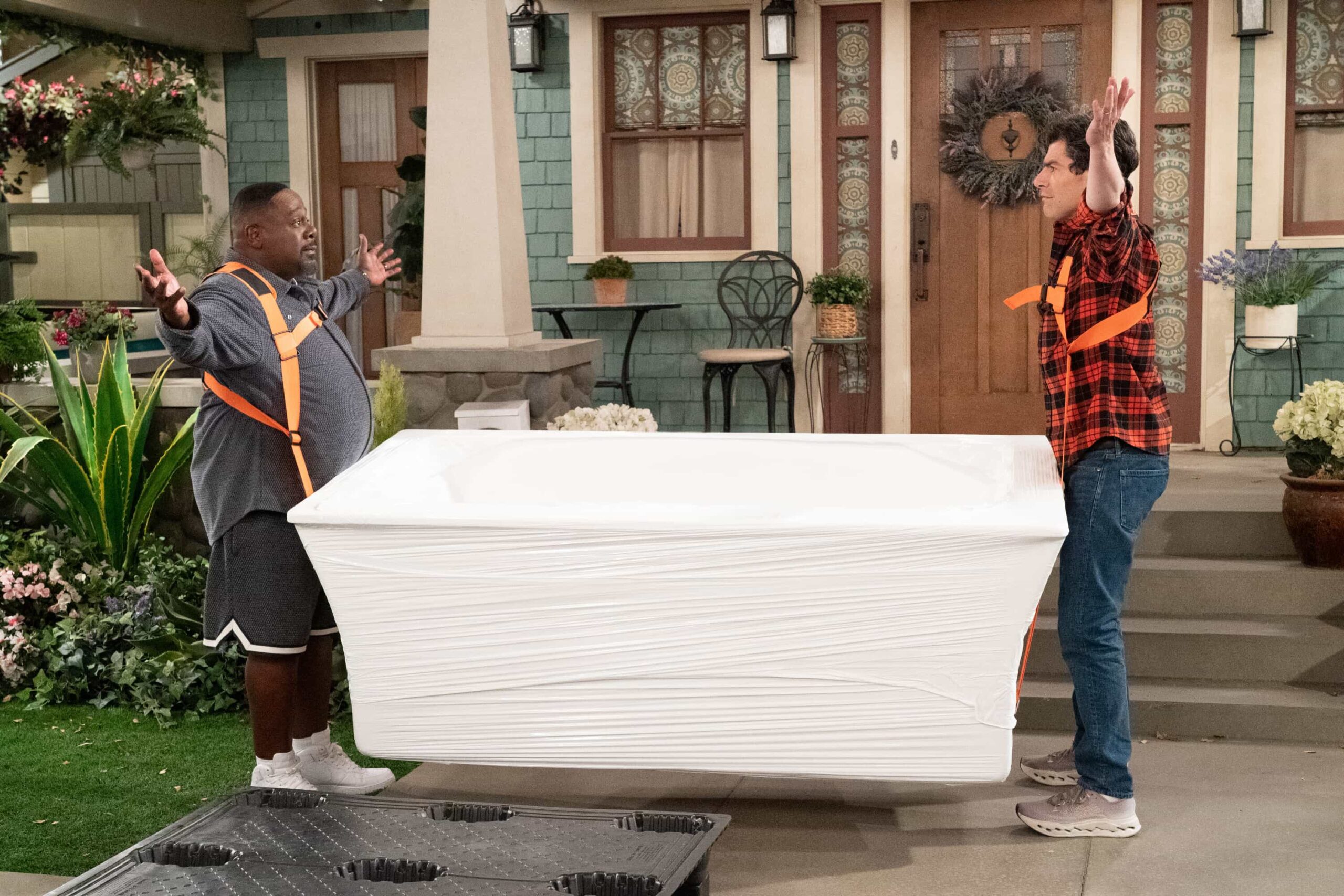 The Neighborhood Season 8 Episode 7 “Welcome to Babies and Bathwater” – Dave’s ambitious home improvement plans take a turn, prompting Calvin to step in, while Malcolm seeks Gemma’s help to overcome writer’s block. Meanwhile, Tina’s suggestion for Daphne sparks a parenting dilemma for Courtney, on THE NEIGHBORHOOD, Monday, Dec. 1 at a special time (8:30-9:00 PM, ET/PT) on the CBS Television Network, and streaming on Paramount+ (live and on-demand for Paramount+ Premium subscribers, or on-demand for Paramount+ Essential subscribers the day after the episode airs)*. Pictured: Cedric The Entertainer as Calvin and Max Greenfield as Dave. Photo: Monty Brinton/CBS ©2025 CBS Broadcasting, Inc. All Rights Reserved.