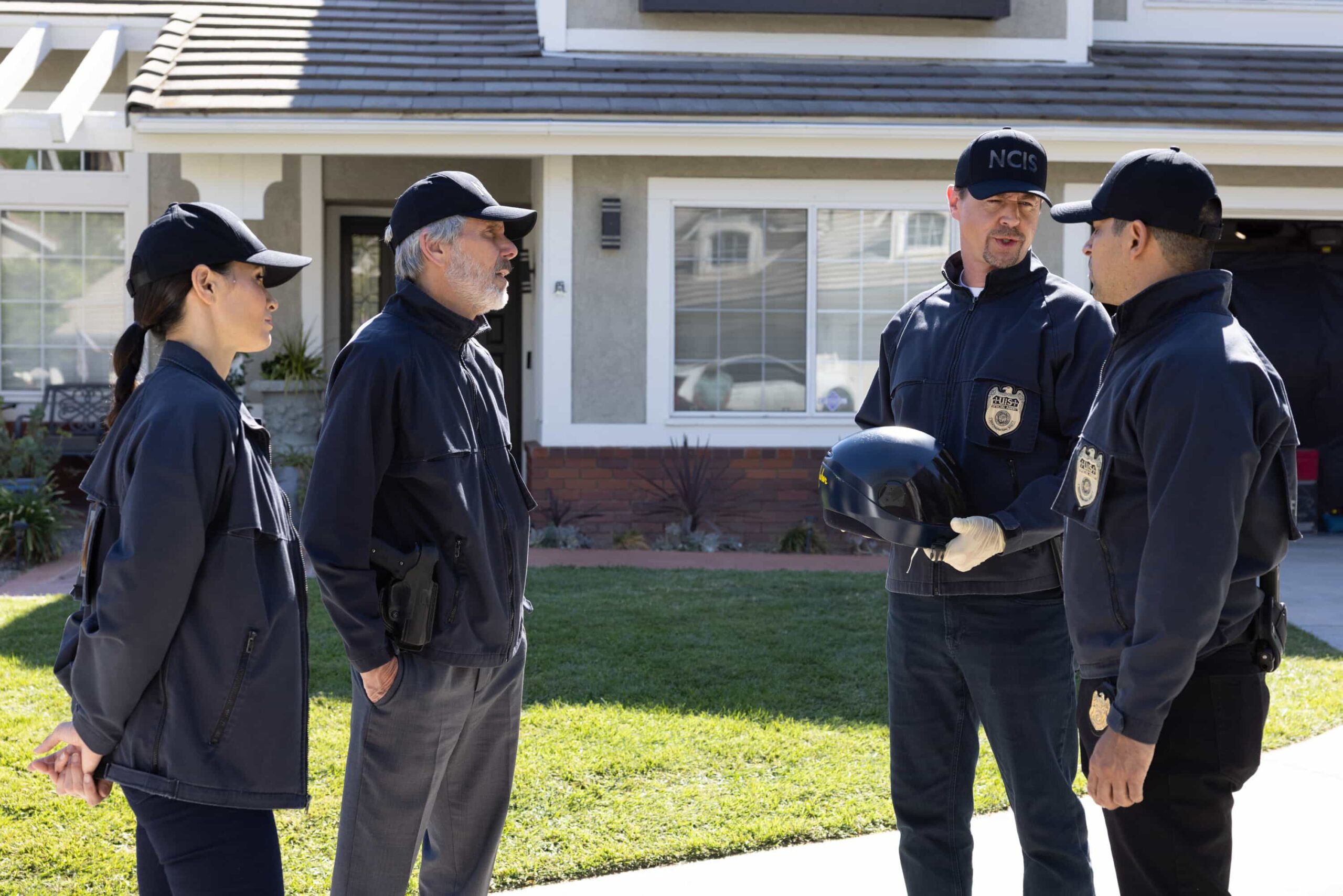 NCIS Season 23 Episode 7 “God Only Knows” – A kidnapped teen leads the team to a Navy SEAL who survived captivity by the Taliban but may have committed murder after returning home. Also, Jimmy finally shares his findings about the mysterious death of Parker’s mother with his boss, on the CBS Original series NCIS, Tuesday, Dec. 2 (8:00-9:00 PM, ET/PT) on the CBS Television Network, and streaming on Paramount+ (live and on demand for Paramount+ Premium plan subscribers, or on demand for Paramount+ Essential subscribers the day after the episode airs)*. Pictured: Katrina Law as NCIS S.A. Jessica Knight, Gary Cole as Alden Parker, Sean Murry as Timothy McGee and Wilmer Valderrama as S.A. Nicolas Torres. Photo: Sonja Flemming/CBS ©2025 CBS Broadcasting, Inc. All Rights Reserved.