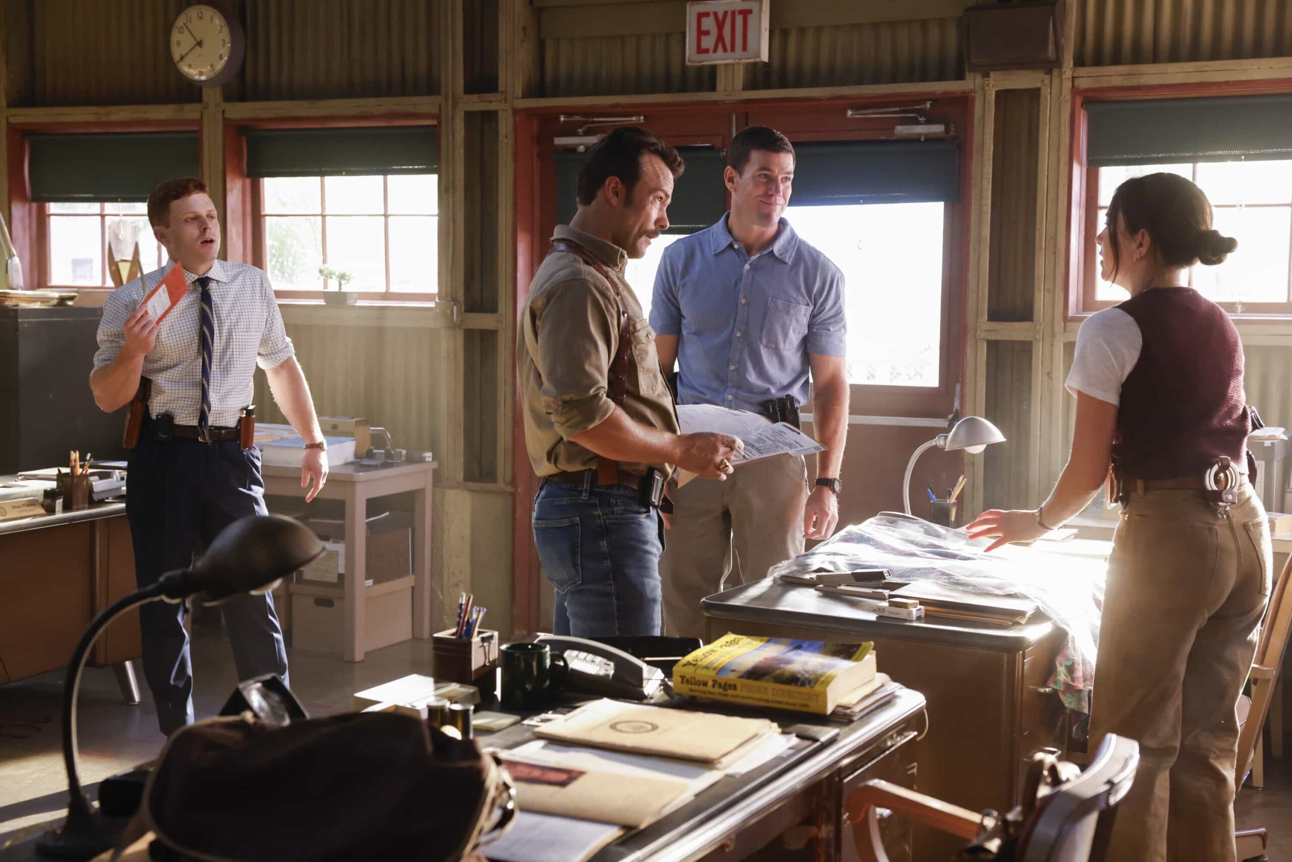 NCIS Origins Season 2 Episode 7 “Crazy Little Thing Called Love” – The team investigates the murder of a Marine who had recently been handpicked for a classified mission. Also, Wheeler’s personal life is upended, Lala is thrown by unexpected news from Vera, and Gibbs and Diane double-date with Randy and his wife, on NCIS: ORIGINS, Tuesday, Dec. 2 (9:00-10:00 PM, ET/PT) on the CBS Television Network, and streaming on Paramount+ (live and on demand for Paramount+ Premium plan subscribers, or on demand for Paramount+ Essential subscribers the day after the episode airs)*.  Pictured L to R: Caleb Foote as Bernard “Randy” Randolf, Kyle Schmid as Mike Franks, Austin Stowell as Leroy Jethro Gibbs and Mariel Molino as Cecilia “Lala” Dominguez.  Photo: Sonja Flemming/CBS ©2025 CBS Broadcasting, Inc. All Rights Reserved.