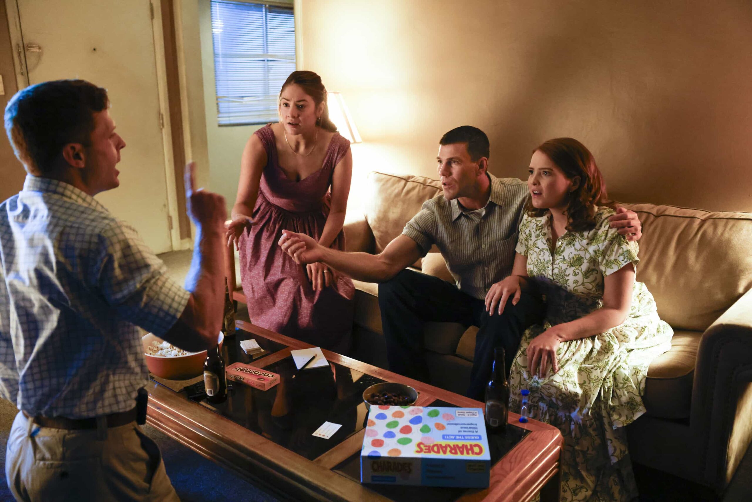 “Crazy Little Thing Called Love” – The team investigates the murder of a Marine who had recently been handpicked for a classified mission. Also, Wheeler’s personal life is upended, Lala is thrown by unexpected news from Vera, and Gibbs and Diane double-date with Randy and his wife, on NCIS: ORIGINS, Tuesday, Dec. 2 (9:00-10:00 PM, ET/PT) on the CBS Television Network, and streaming on Paramount+ (live and on demand for Paramount+ Premium plan subscribers, or on demand for Paramount+ Essential subscribers the day after the episode airs)*.  Pictured L to R: Caleb Foote as Bernard “Randy” Randolf, Emily Tremaine as June “Junie” Randolf, Austin Stowell as Leroy Jethro Gibbs, and Kathleen Kenny as Diane Sterling.  Photo: Sonja Flemming/CBS ©2025 CBS Broadcasting, Inc. All Rights Reserved.