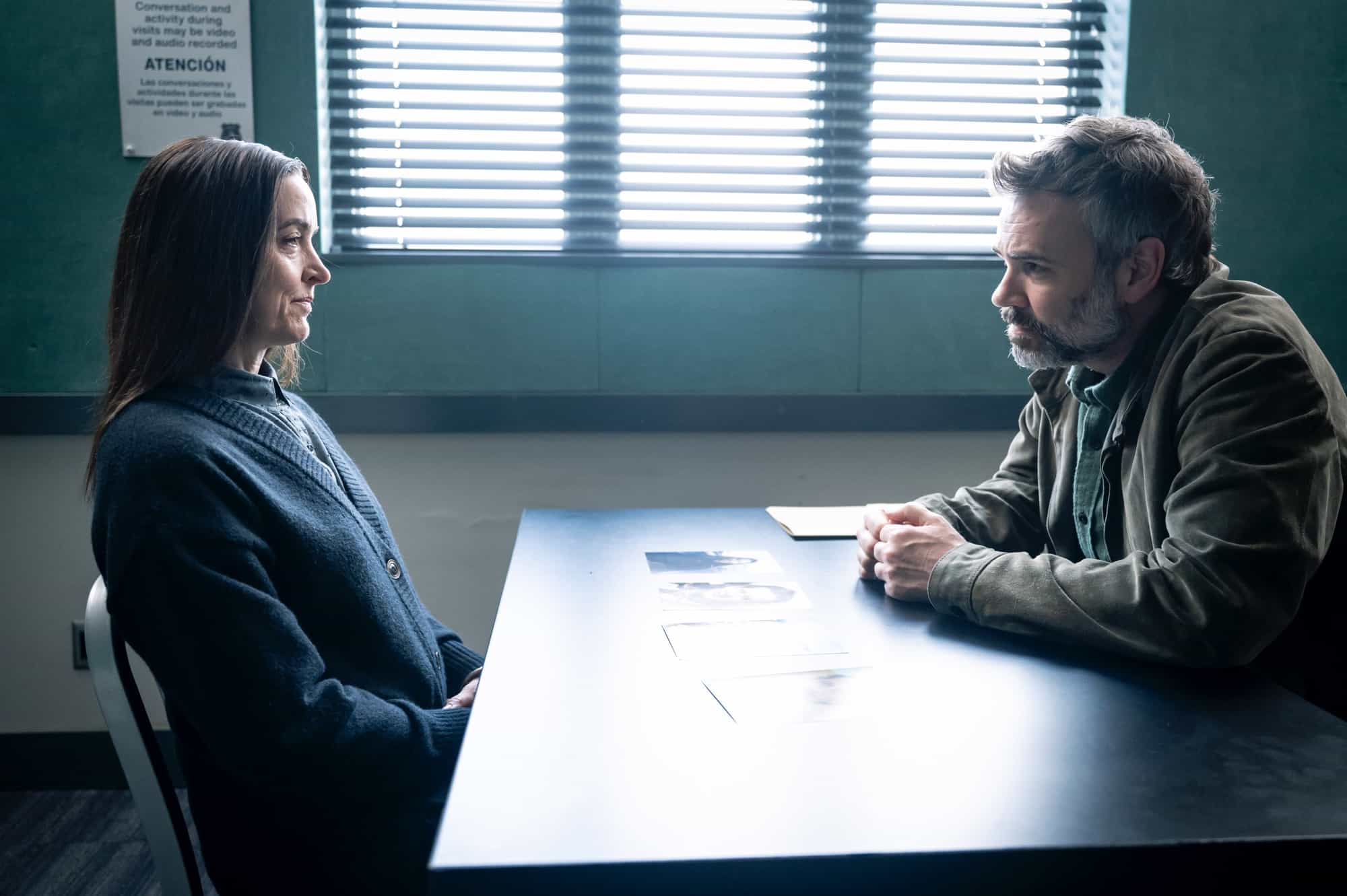 MURDER IN A SMALL TOWN: L-R: Guest star Janet Kidder and Rossif Sutherland in the "Nightshade" season finale episode of MURDER IN A SMALL TOWN airing Tuesday, Dec. 2 (8:00-9:00PM ET/PT) on FOX. ©2025 Fox Media LLC. CR: Kailey Schwerman/ FOX.