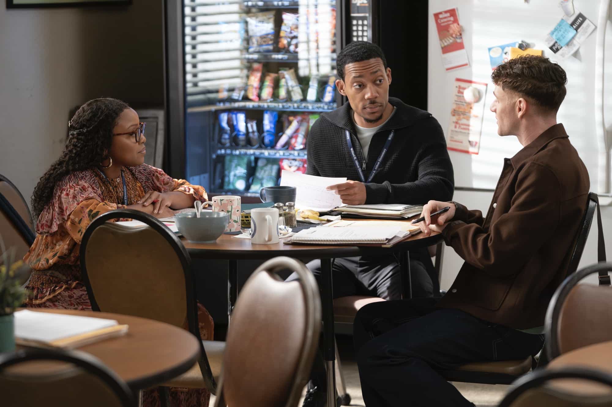 Abbott Elementary Season 5 Episode 7 - “Goofgirl” - A new member joins Gregory’s Garden Goofballs, and Janine pitches a new club idea to Ava. WEDNESDAY, DEC. 3 (8:30-9:02 p.m. EST) on ABC. (Disney/Gilles Mingasson) 
QUINTA BRUNSON, TYLER JAMES WILLIAMS, CHRIS PERFETTI