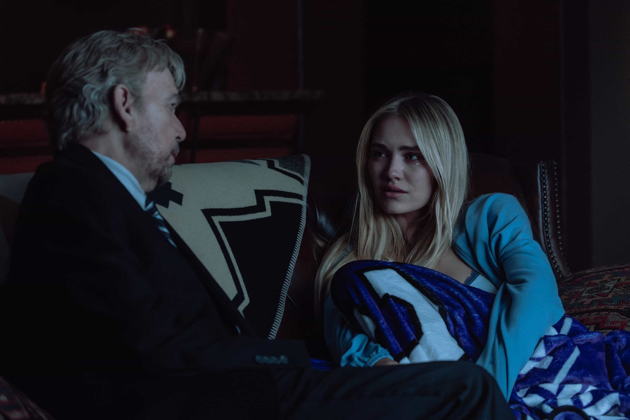 Billy Bob Thornton as Tommy Norris and Michelle Randolph as Ainsley Norris in Landman episode 4, season 2, streaming on Paramount+. Photo Credit: Emerson Miller/Paramount+