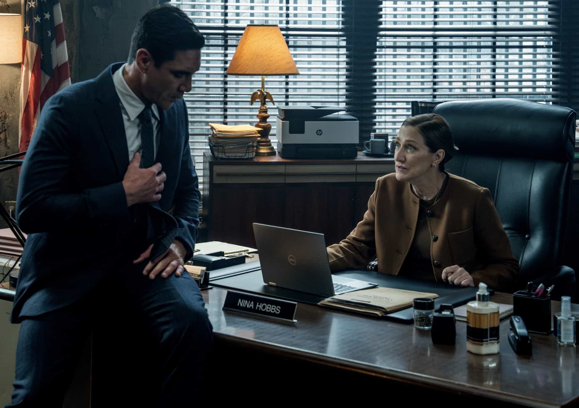 L-R: Clayton Cardenas as Torres and Edie Falco as Nina Hobbs in Mayor of Kingstown episode 7, season 4, streaming on Paramount+, 2025. Credit: Jeremy Parsons/Paramount +