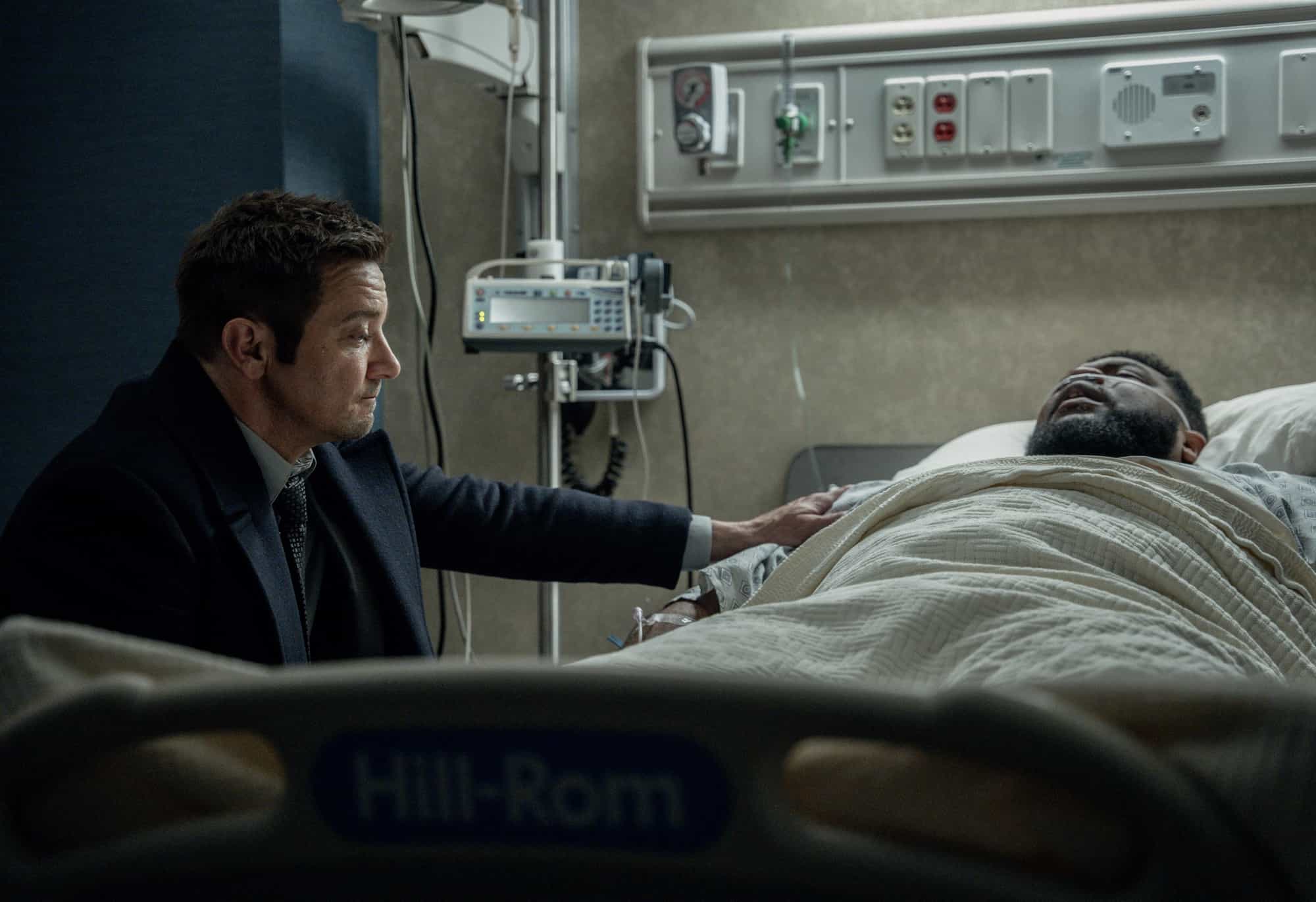 L-R: Jeremy Renner as Mike McLusky and Tobi Bamtefa as Deverin "Bunny" Washington in Mayor of Kingstown episode 7, season 4, streaming on Paramount+, 2025. Credit: Jeremy Parsons/Paramount+