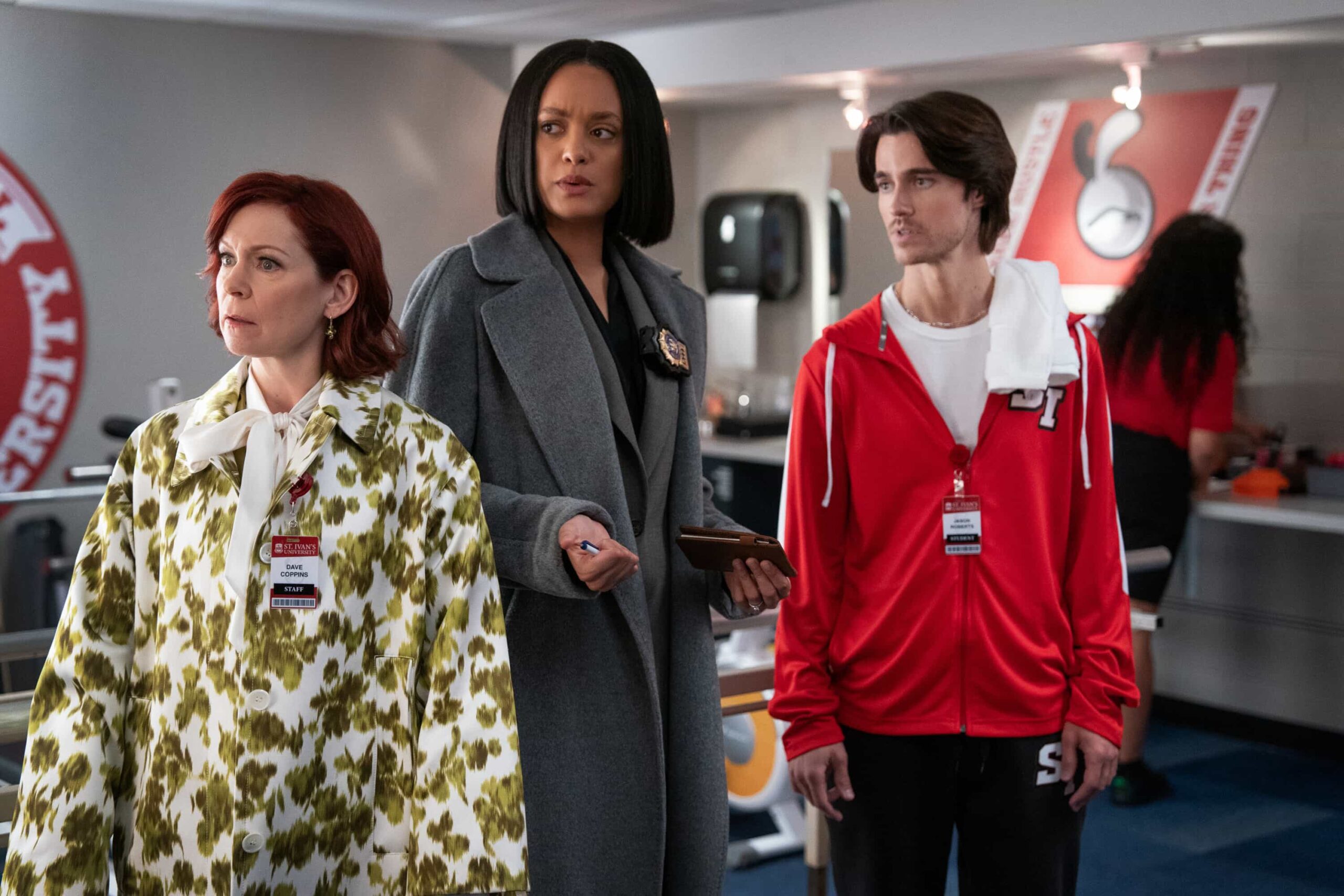 Elsbeth Season 3 Episode 8 “Basket Case” – Elsbeth goes from the squad room to the locker room when a campus murder rocks the world of college basketball after an athletic director winds up dead following a heated confrontation with his basketball coach’s 22-year-old girlfriend (Lana Condor), on ELSBETH, Thursday, Dec. 4 (10:00-11:00 PM, ET/PT) on the CBS Television Network, and streaming on Paramount+ (live and on-demand for Paramount+ Premium plan subscribers, or on-demand for Paramount+ Essential subscribers the day after the episode airs).  Pictured (L-R): Carrie Preston as Elsbeth Tascioni, Britne Oldford as Detective Nina Taylor and Sam Ashby as Xavier Dunlap  Photo: Michael Parmelee/CBS ©2025 CBS Broadcasting, Inc. All Rights Reserved.