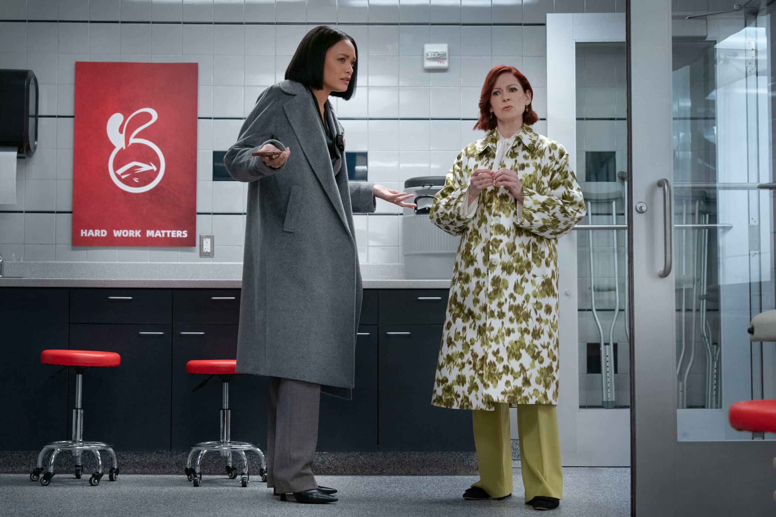 “Basket Case” – Elsbeth goes from the squad room to the locker room when a campus murder rocks the world of college basketball after an athletic director winds up dead following a heated confrontation with his basketball coach’s 22-year-old girlfriend (Lana Condor), on ELSBETH, Thursday, Dec. 4 (10:00-11:00 PM, ET/PT) on the CBS Television Network, and streaming on Paramount+ (live and on-demand for Paramount+ Premium plan subscribers, or on-demand for Paramount+ Essential subscribers the day after the episode airs).  Pictured (L-R): Britne Oldford as Detective Nina Taylor and  Carrie Preston as Elsbeth Tascioni  Photo: Michael Parmelee/CBS ©2025 CBS Broadcasting, Inc. All Rights Reserved.