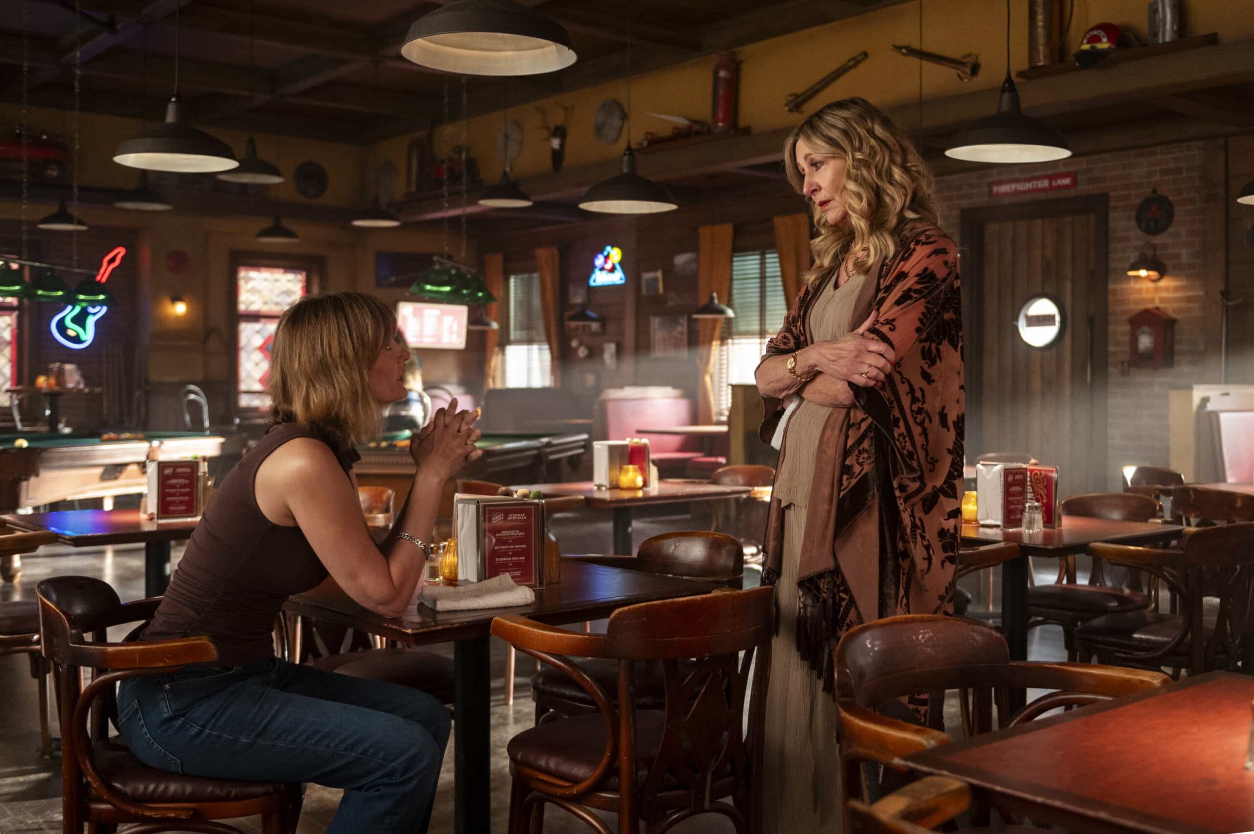 Fire Country Season 4 Episode 7 “Best Mom in the World” – Sharon is blindsided by a visit from her estranged mother, Ruby (Christine Lahti), whose sudden reappearance stirs up painful family history. Meanwhile, Bode and Jake respond to a call from a troubled teen in a condemned building, on FIRE COUNTRY, Friday, Dec. 5 (9:00-10:00 PM, ET/PT) on the CBS Television Network, and streaming on Paramount+ (live and on-demand for Paramount+ Premium plan subscribers, or on-demand for Paramount+ Essential subscribers the day after the episode airs). Pictured (L-R): Diane Farr as Sharon Leone and Christine Lahti as Ruby Quinn. Photo: Sergei Bachlakov/CBS ©2025 CBS Broadcasting, Inc. All Rights Reserved.