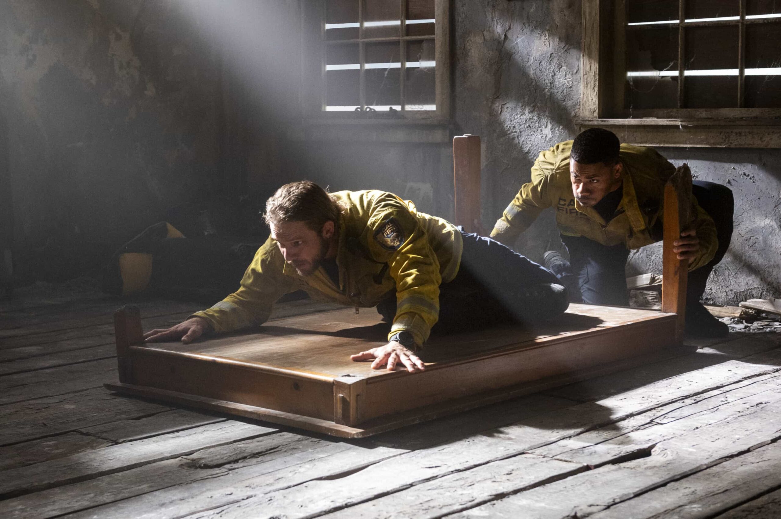 Fire Country Season 4 Episode 7 “Best Mom in the World” – Sharon is blindsided by a visit from her estranged mother, Ruby (Christine Lahti), whose sudden reappearance stirs up painful family history. Meanwhile, Bode and Jake respond to a call from a troubled teen in a condemned building, on FIRE COUNTRY, Friday, Dec. 5 (9:00-10:00 PM, ET/PT) on the CBS Television Network, and streaming on Paramount+ (live and on-demand for Paramount+ Premium plan subscribers, or on-demand for Paramount+ Essential subscribers the day after the episode airs). Pictured (L-R): Max Thieriot as Bode Leone and Jordan Calloway as Jake Crawford. Photo: Sergei Bachlakov/CBS ©2025 CBS Broadcasting, Inc. All Rights Reserved.