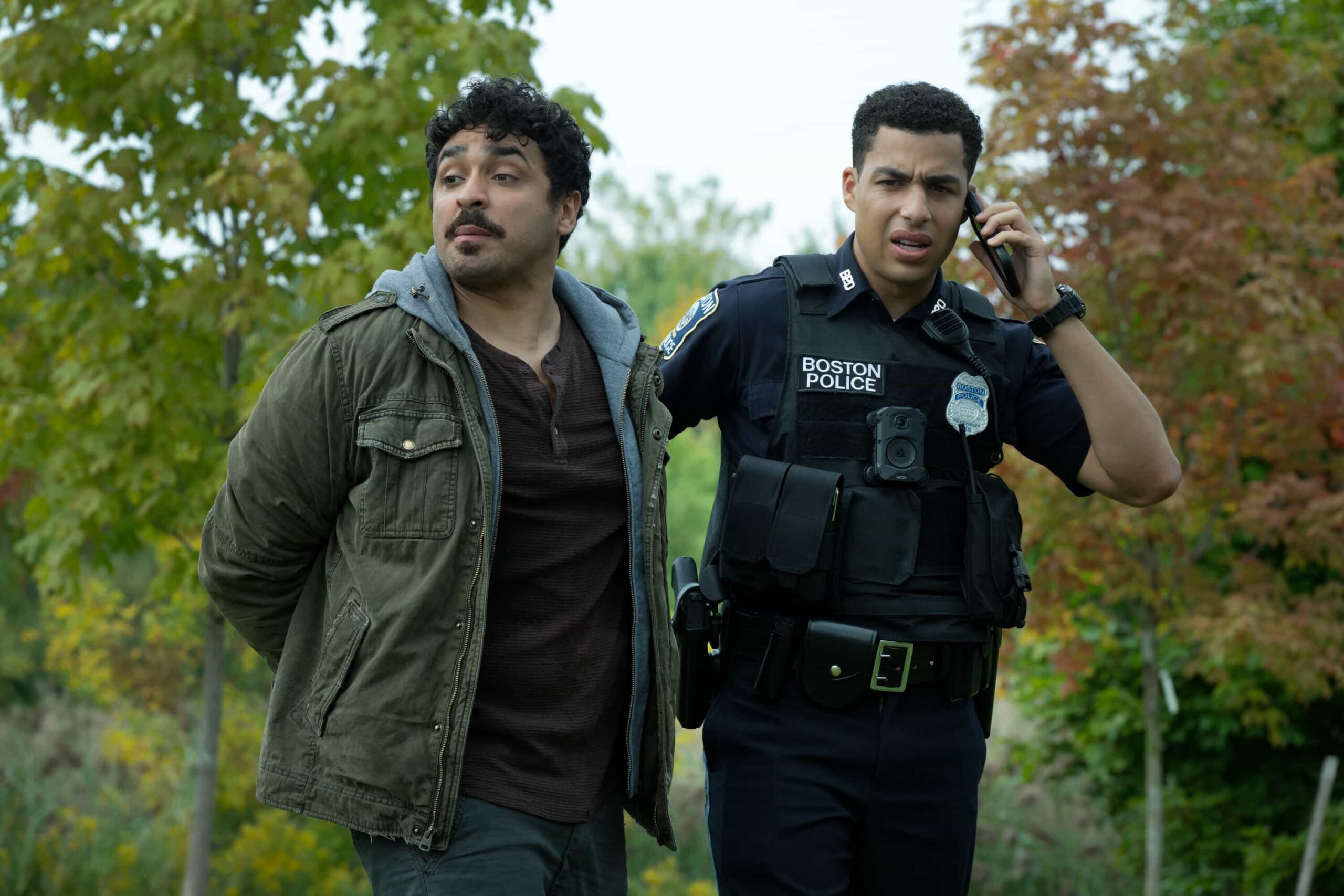 “Baggage Claim” – Lena’s pursuit of justice forces Danny into an unexpected role reversal, while Sarah faces a personal dilemma that tests her resolve. Meanwhile, Mae contends with political pressure, and Sean and Jonah uncover more than they anticipated during a routine case, on the CBS Original series BOSTON BLUE,  Friday, Dec. 5 (10:00-11:00 PM, ET/PT) on the CBS Television Network, and streaming on Paramount+ (live and on-demand for Paramount+ Premium plan subscribers, or on-demand for Paramount+ Essential subscribers the day after the episode airs)*.   Pictured (L-R): E.J. Bonilla as Eddie C. And  Marcus Scribner as Jonah Silver  Photo: Christos Kalohoridis/CBS ©2025 CBS Broadcasting, Inc. All Rights Reserved.