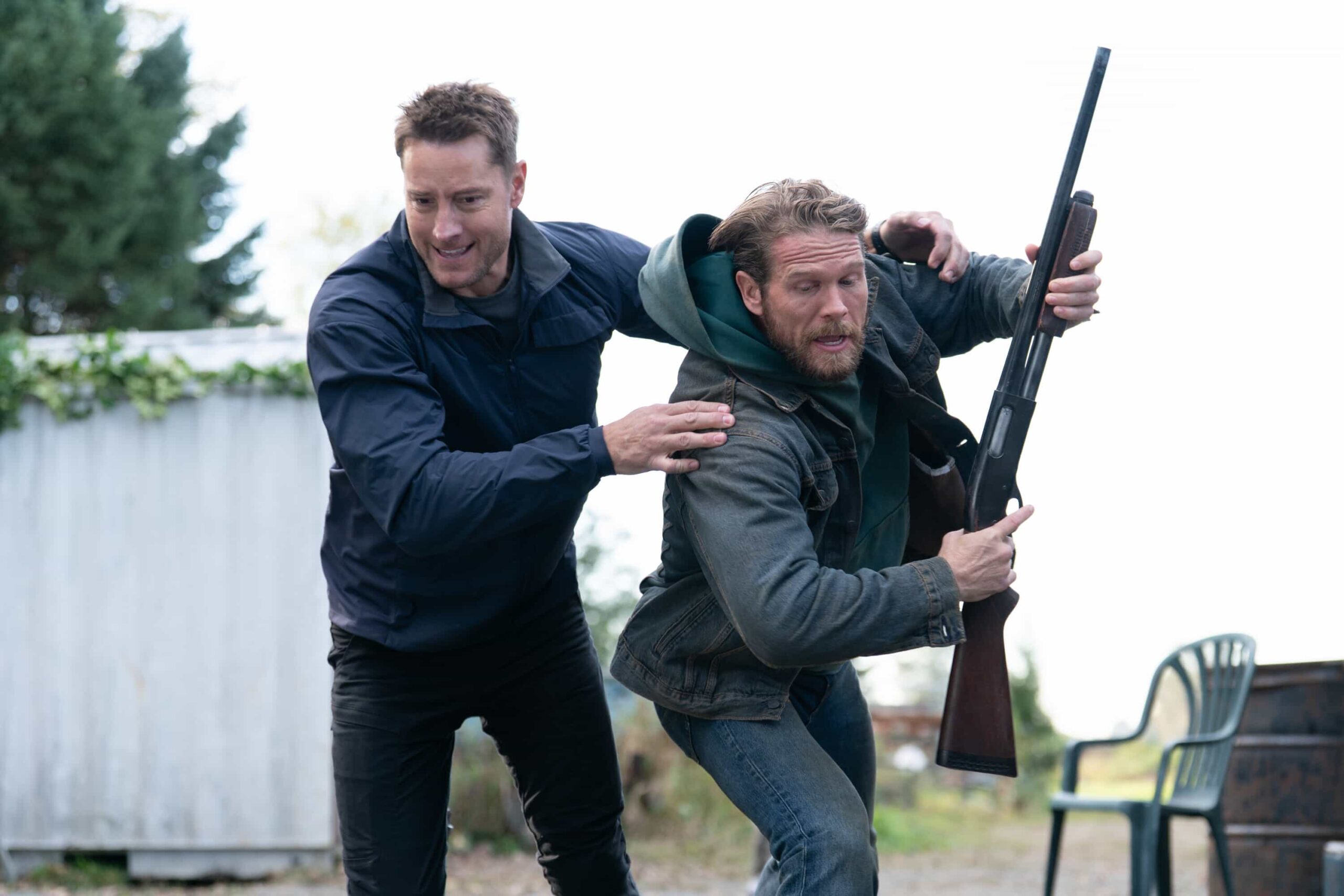 Tracker Season 3 Episode 8 “Eurydice” – When a grieving mother becomes the prime suspect in her missing daughter’s murder, Colter sets out to find the true culprit and prove her innocence, Sunday, Dec. 7 (8:00-9:00 PM, ET/PT) on the CBS Television Network, and streaming on Paramount+ (live and on-demand for Paramount+ Premium plan subscribers, or on-demand for Paramount+ Essential subscribers the day after the episode airs)*. Pictured: Justin Hartley as Colter Shaw and Brett Zimmerman as Trevor Flint. Photo: Darko Sikman/CBS ©2025 CBS Broadcasting, Inc. All Rights Reserved.