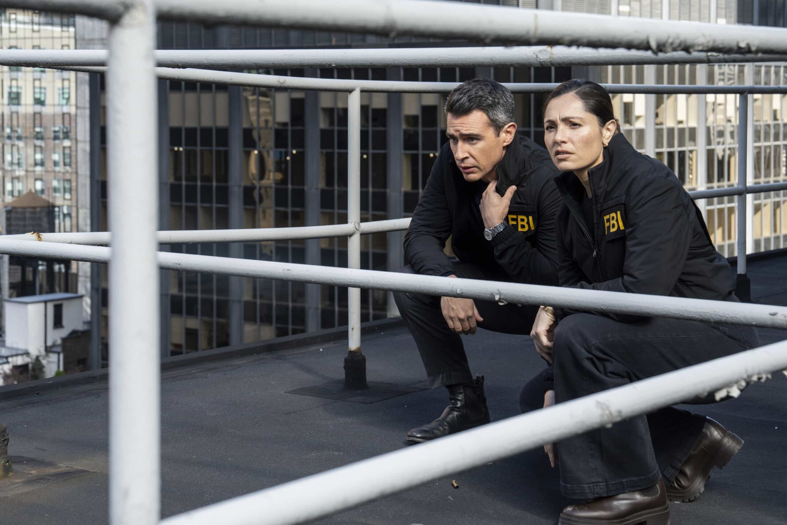 FBI Season 8 Episode 8 “Ratlined” – When a journalist is shot while interviewing a prime minister, all fingers point to an assassination attempt, but the team uncovers a deeper conspiracy after the assassin is also targeted. Meanwhile, OA struggles to let Gemma in on the dangers of his job, on FBI, Monday, Dec. 8 (9:00-10:00 PM, ET/PT) on the CBS Television Network, and streaming on Paramount+ (live and on-demand for Paramount+ Premium plan subscribers, or on-demand for Paramount+ Essential subscribers the day after the episode airs). Pictured (L-R): John Boyd as Special Agent Stuart Scola and Juliana Aidén Martinez as Eva Ramos. Photo: Bennett Raglin/CBS ©2025 CBS Broadcasting, Inc. All Rights Reserved.