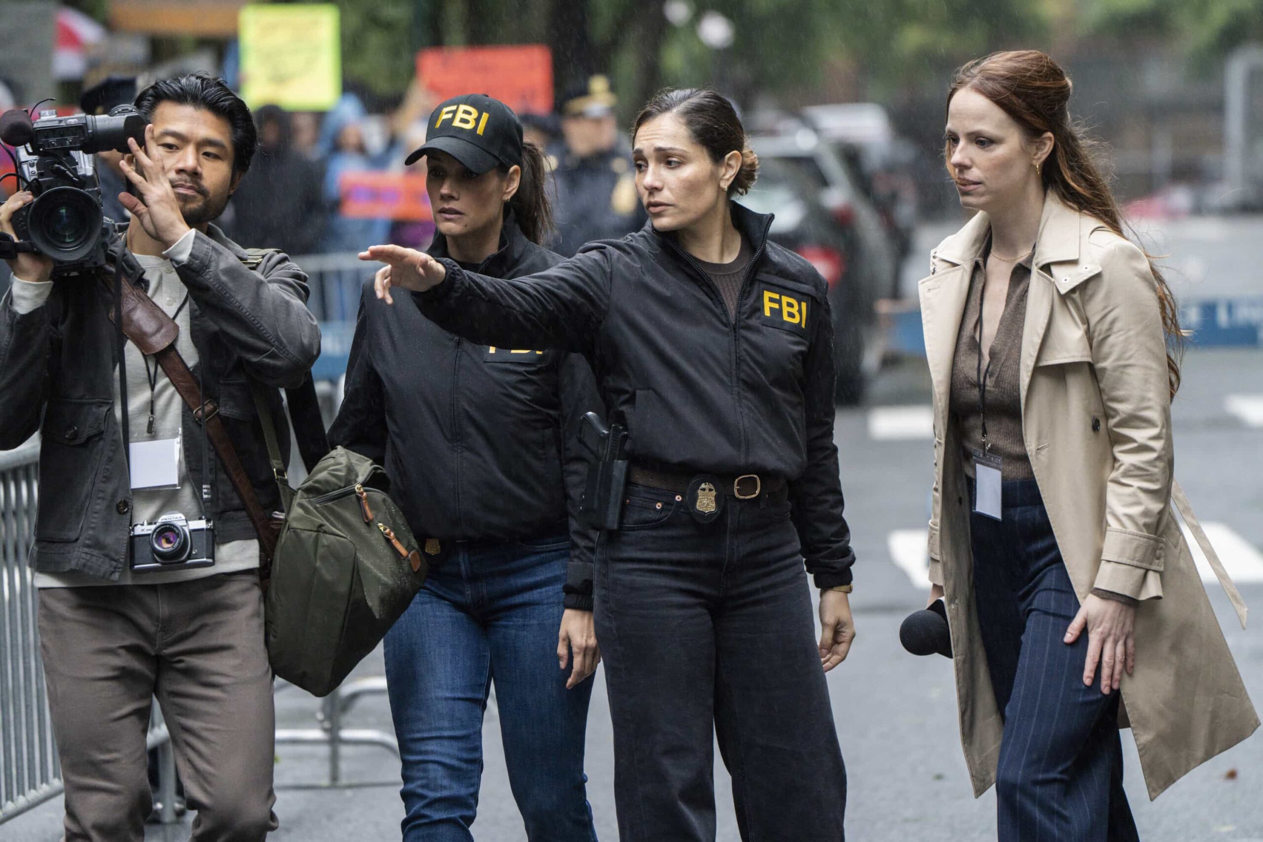 FBI Season 8 Episode 8 “Ratlined” – When a journalist is shot while interviewing a prime minister, all fingers point to an assassination attempt, but the team uncovers a deeper conspiracy after the assassin is also targeted. Meanwhile, OA struggles to let Gemma in on the dangers of his job, on FBI, Monday, Dec. 8 (9:00-10:00 PM, ET/PT) on the CBS Television Network, and streaming on Paramount+ (live and on-demand for Paramount+ Premium plan subscribers, or on-demand for Paramount+ Essential subscribers the day after the episode airs). Pictured (L-R): Robert Lee Leng as Quinn Han, Missy Peregrym as Special Agent Maggie Bell, Juliana Aidén Martinez as Eva Ramos, and Emily Jackson as Holly Chandwell. Photo: Bennett Raglin/CBS ©2025 CBS Broadcasting, Inc. All Rights Reserved.