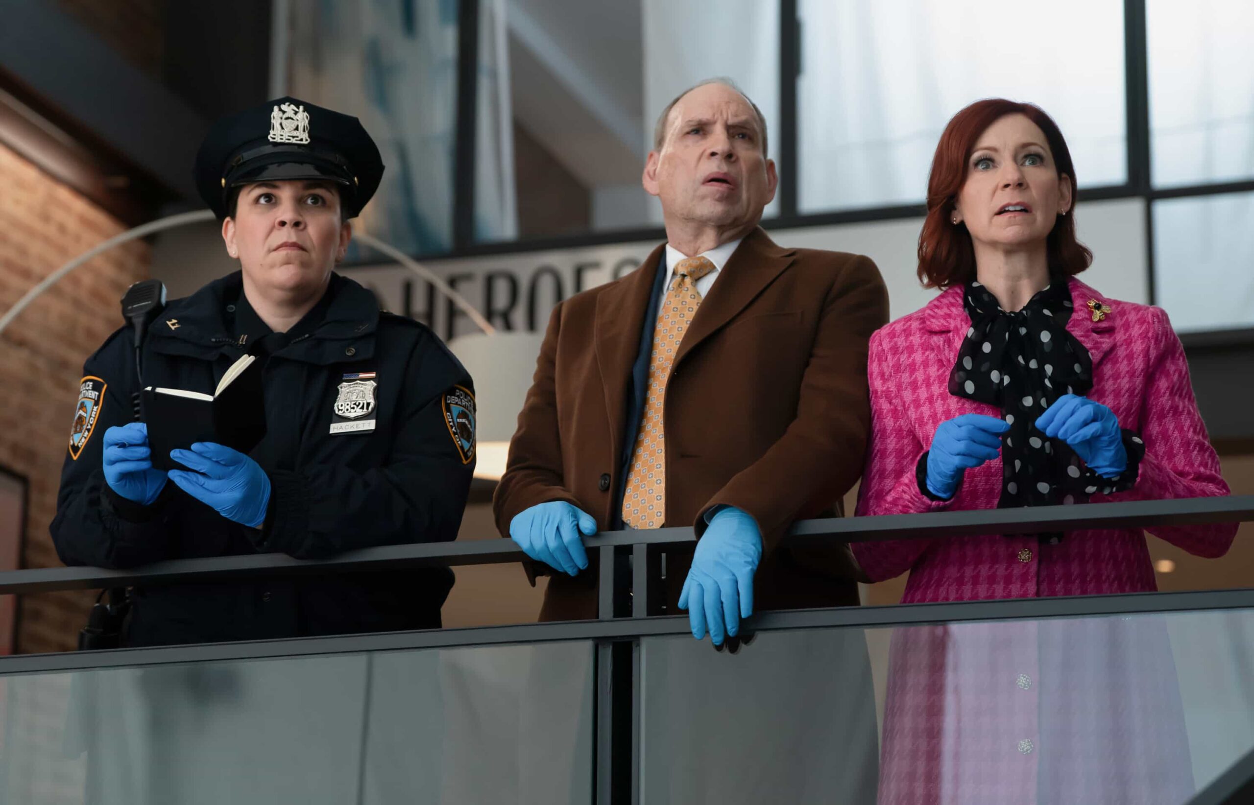 Elsbeth Season 3 Episode 9 “Glamazons” – A fallen ‘90s supermodel (Jaime Pressly) returns to New York for a reunion and revenge, leading Elsbeth to sort through old grudges and lies to catch a killer. Meanwhile, Officer Hackett takes her turn in the spotlight, on ELSBETH, Thursday, Dec. 11    Pictured (L-R): Lindsay Mendez as Officer Grace Hackett, Daniel Oreskes as Detective Buzz Fleming, and Carrie Preston as Elsbeth Tascioni   Photo: Michael Parmelee/CBS ©2025 CBS Broadcasting, Inc. All Rights Reserved.