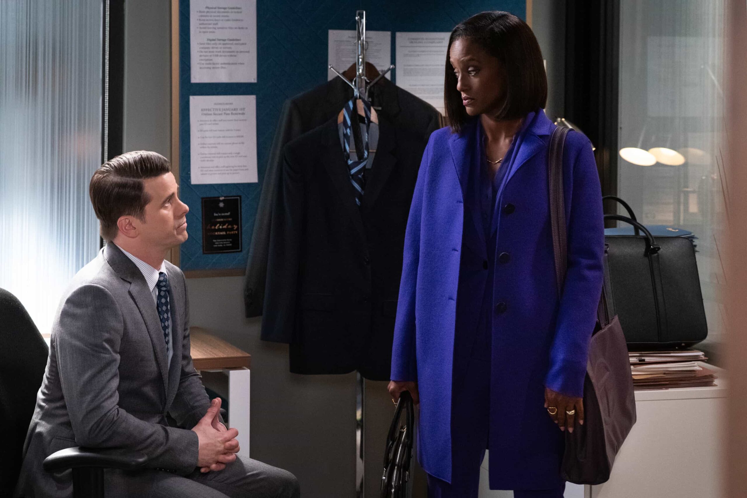 Matlock Season 2 Episode 8 “Call It a Christmas Gift” – With the holidays approaching, the team’s secrets start to come to light while they take on a harassment case involving the city’s fire department. Meanwhile, Matty and Edwin contemplate meeting Joey’s sister, on MATLOCK, Thursday, Dec. 11 (9:00-10:00 PM, ET/PT). Pictured (L-R): Jason Ritter as “Julian Markston” and Skye P. Marshall as “Olympia Lawrence.”  Photo: Michael Yarish/CBS ©2025 CBS Broadcasting, Inc. All Rights Reserved.