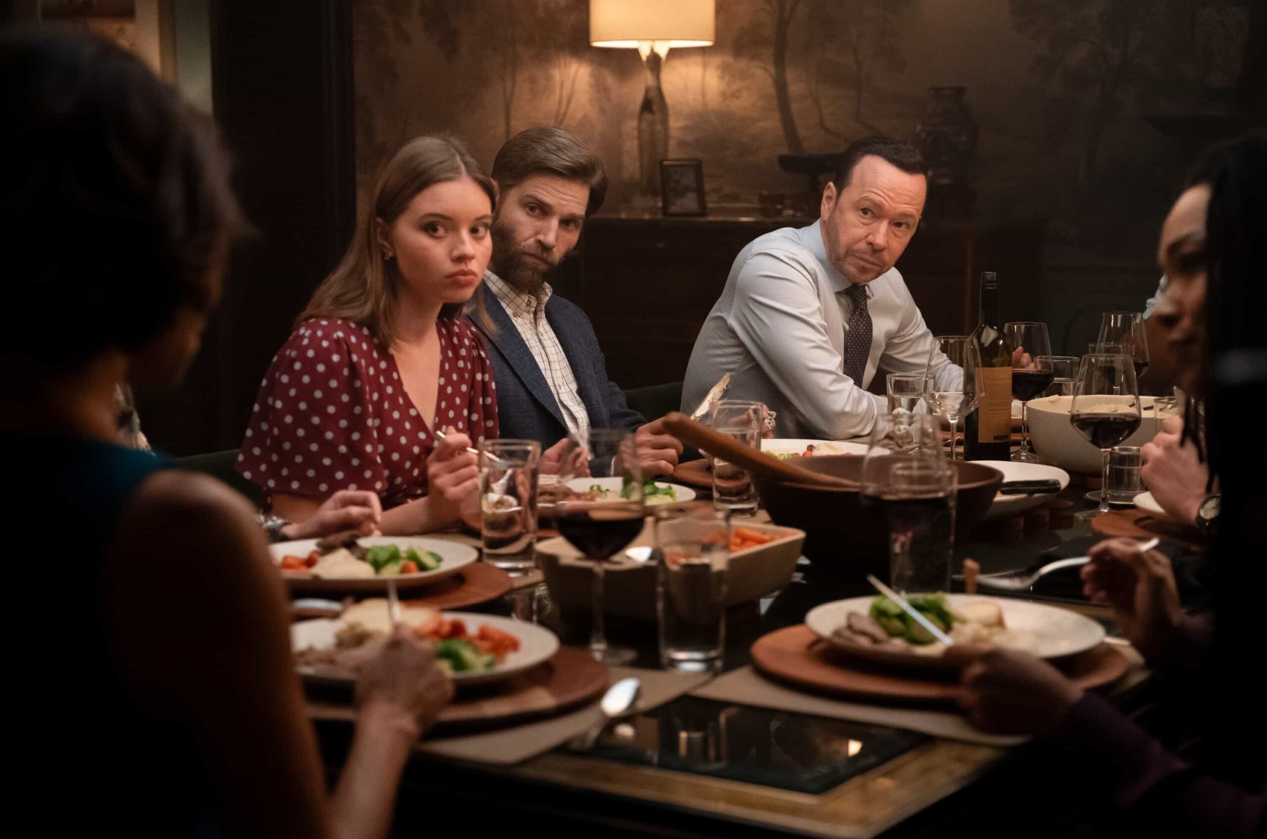 Boston Blue Season 1 Episode 8 “In the Name of the Father, And of the Son … ” – Danny and Lena’s investigation into a robbery gone wrong quickly turns personal, pushing Lena to devise a bold plan that tests Mae’s boundaries. Meanwhile, Sean and Jonah face rising tensions with Boston’s firefighters, and Sarah clashes with boyfriend Seth over family discipline, on the CBS Original series BOSTON BLUE,  Friday, Dec. 12 (10:00-11:00 PM, ET/PT) on the CBS Television Network, and streaming on Paramount+ (live and on-demand for Paramount+ Premium plan subscribers, or on-demand for Paramount+ Essential subscribers the day after the episode airs)*.   Pictured (L-R): Matia Jackett as Phoebe Yates, Mike Vogel as Seth, and Donnie Wahlberg as Danny Reagan  Photo: Brendan Adam-Zwelling/CBS ©2025 CBS Broadcasting, Inc. All Rights Reserved.