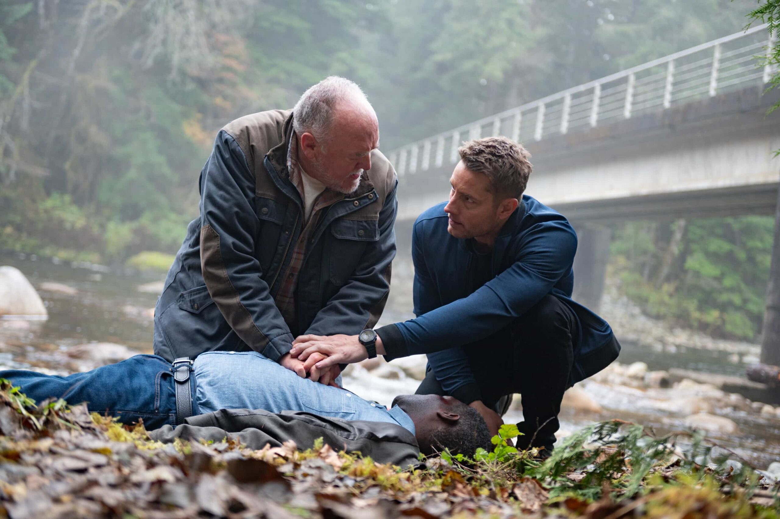 Tracker Season 3 Episode 9 “Good Trouble” – When Colter’s old friend Keaton asks for help finding his former partner, they uncover a trail of bodies and a conspiracy that runs deeper than they could’ve imagined, Sunday, Dec. 14 (8:30-9:30 PM, ET/8:00-9:00 PM, PT). Pictured: Brent Sexton as Keaton, Justin Hartley as Colter Shaw and Dean McKenzie as Dobbs. Photo: Sergei Bachlakov/CBS ©2025 CBS Broadcasting, Inc. All Rights Reserved.