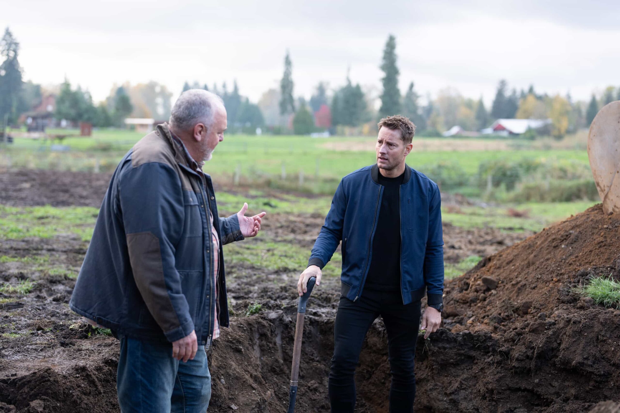 Tracker Season 3 Episode 9 “Good Trouble” – When Colter’s old friend Keaton asks for help finding his former partner, they uncover a trail of bodies and a conspiracy that runs deeper than they could’ve imagined, Sunday, Dec. 14 (8:30-9:30 PM, ET/8:00-9:00 PM, PT). Pictured: Brent Sexton as Keaton and Justin Hartley as Colter Shaw. Photo: Darko Sikman/CBS ©2025 CBS Broadcasting, Inc. All Rights Reserved.