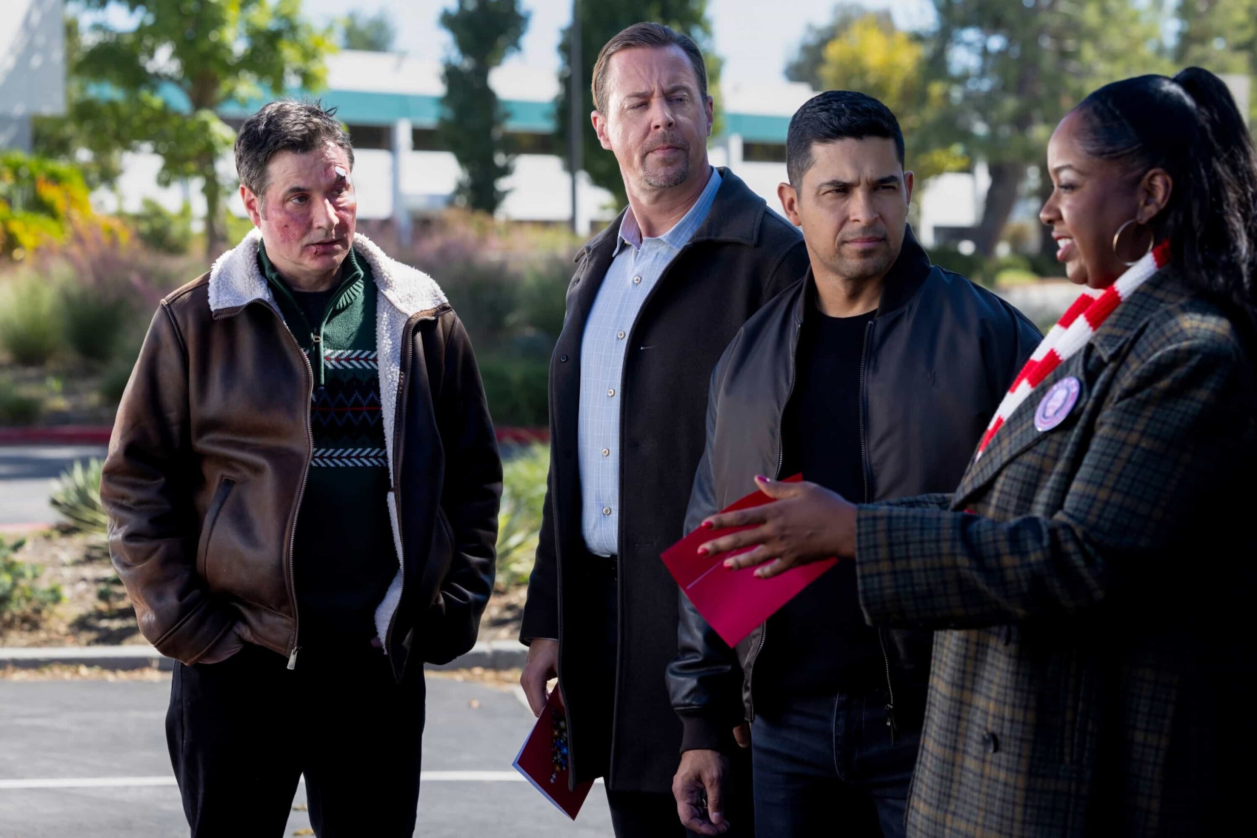 “Heaven and Nature” images – McGee and Torres try to recover a stolen truck filled with toys for the Navy’s annual Christmas drive while the truth about Parker’s mother is finally revealed. Also, Knight is given her first NCIS: Elite mission, which involves tracking down a former member of the team, on the CBS Original series NCIS, Tuesday, Dec. 16   Pictured: Adam Ferrara as , Sean Murray as Timothy McGee,  Wilmer Valderrama as Nick Torres, and Lanisa Renee Frederick as Diana Roday  Photo: Sonja Flemming/CBS ©2025 CBS Broadcasting, Inc. All Rights Reserved.