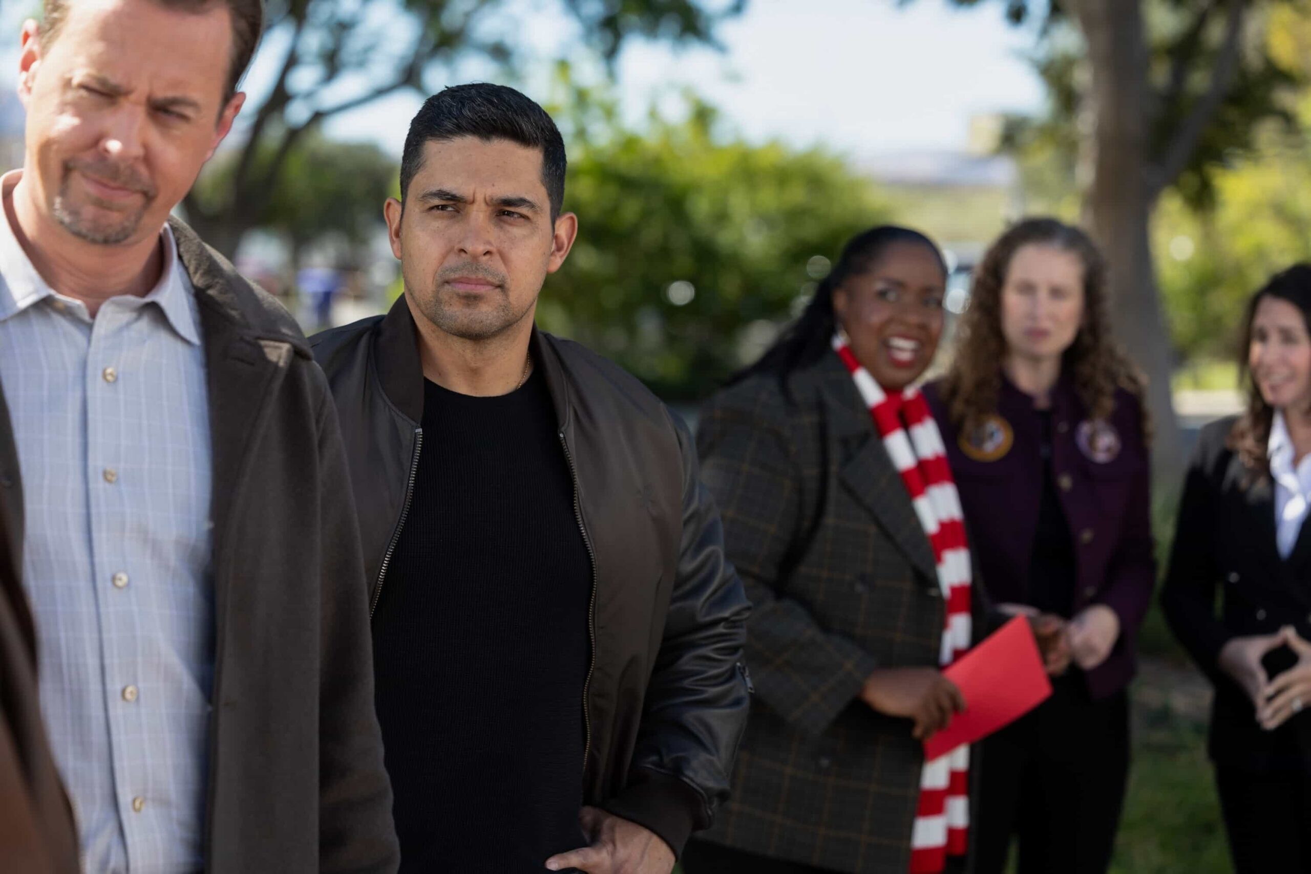 “Heaven and Nature” stills – McGee and Torres try to recover a stolen truck filled with toys for the Navy’s annual Christmas drive while the truth about Parker’s mother is finally revealed. Also, Knight is given her first NCIS: Elite mission, which involves tracking down a former member of the team, on the CBS Original series NCIS, Tuesday, Dec. 16   Pictured: Sean Murray as Timothy McGee, Wilmer Valderrama as Nick Torres, Lanisa Renee Frederick as Diana Roday  Photo: Sonja Flemming/CBS ©2025 CBS Broadcasting, Inc. All Rights Reserved.