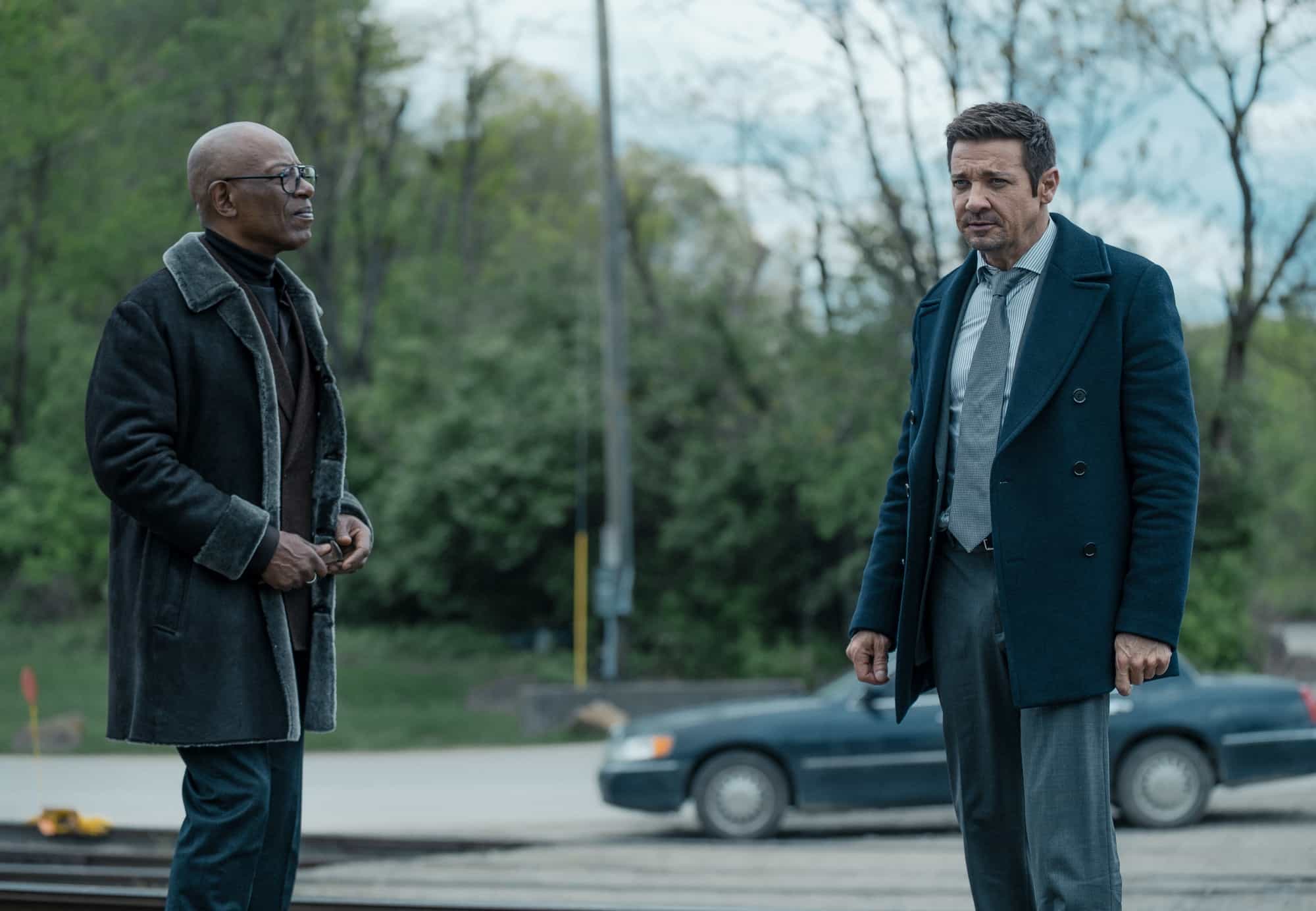 Lennie James as Frank Moses and Jeremy Renner as Mike McLusky in Mayor of Kingstown season 4 episode 9, streaming on Paramount+, 2025. Credit: Jeremy Parsons/Paramount+