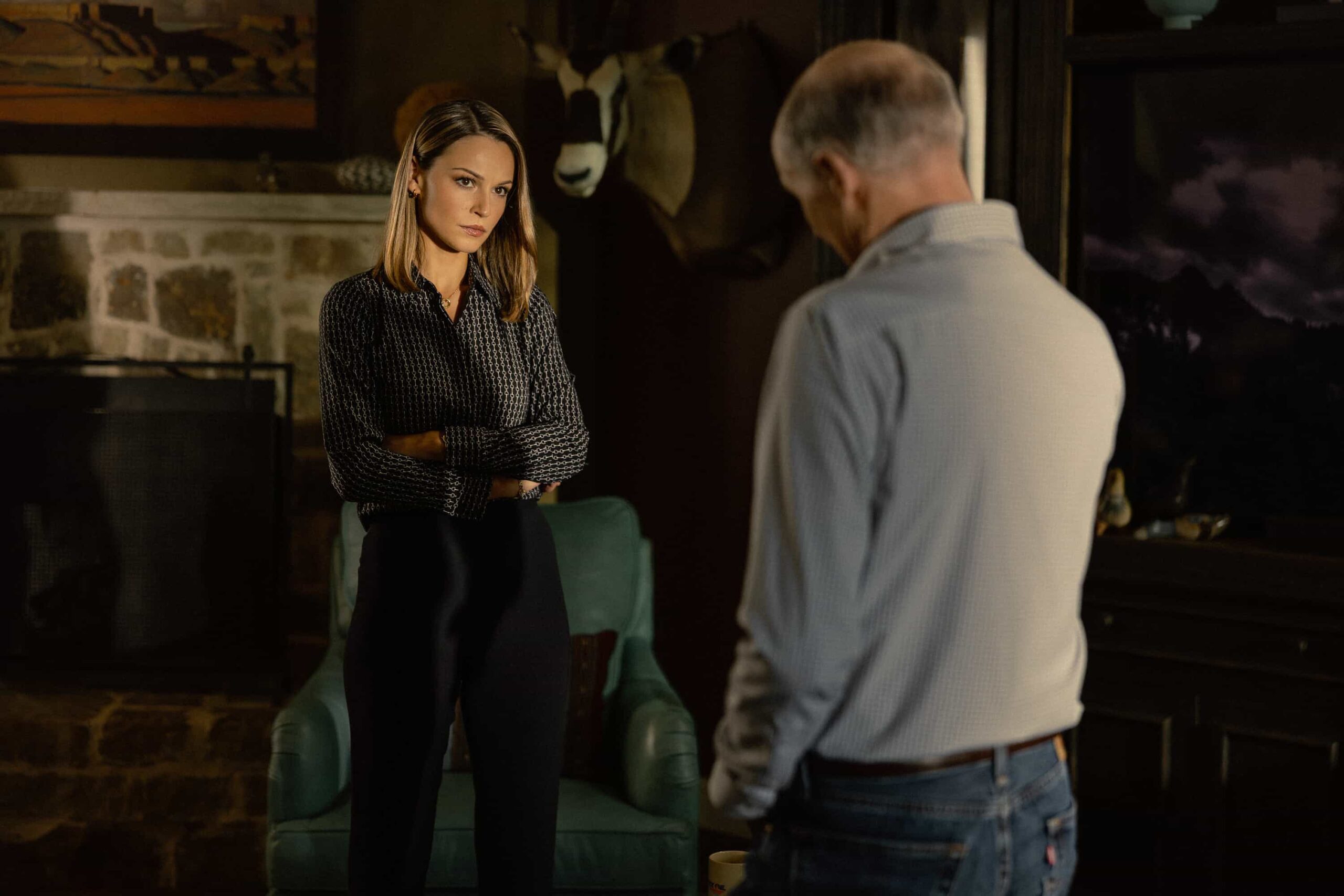 Kayla Wallace as Rebecca Falcone and Colm Feore as Nathan in Landman episode 6, season 2, streaming on Paramount+. Photo Credit: Emerson Miller/Paramount+