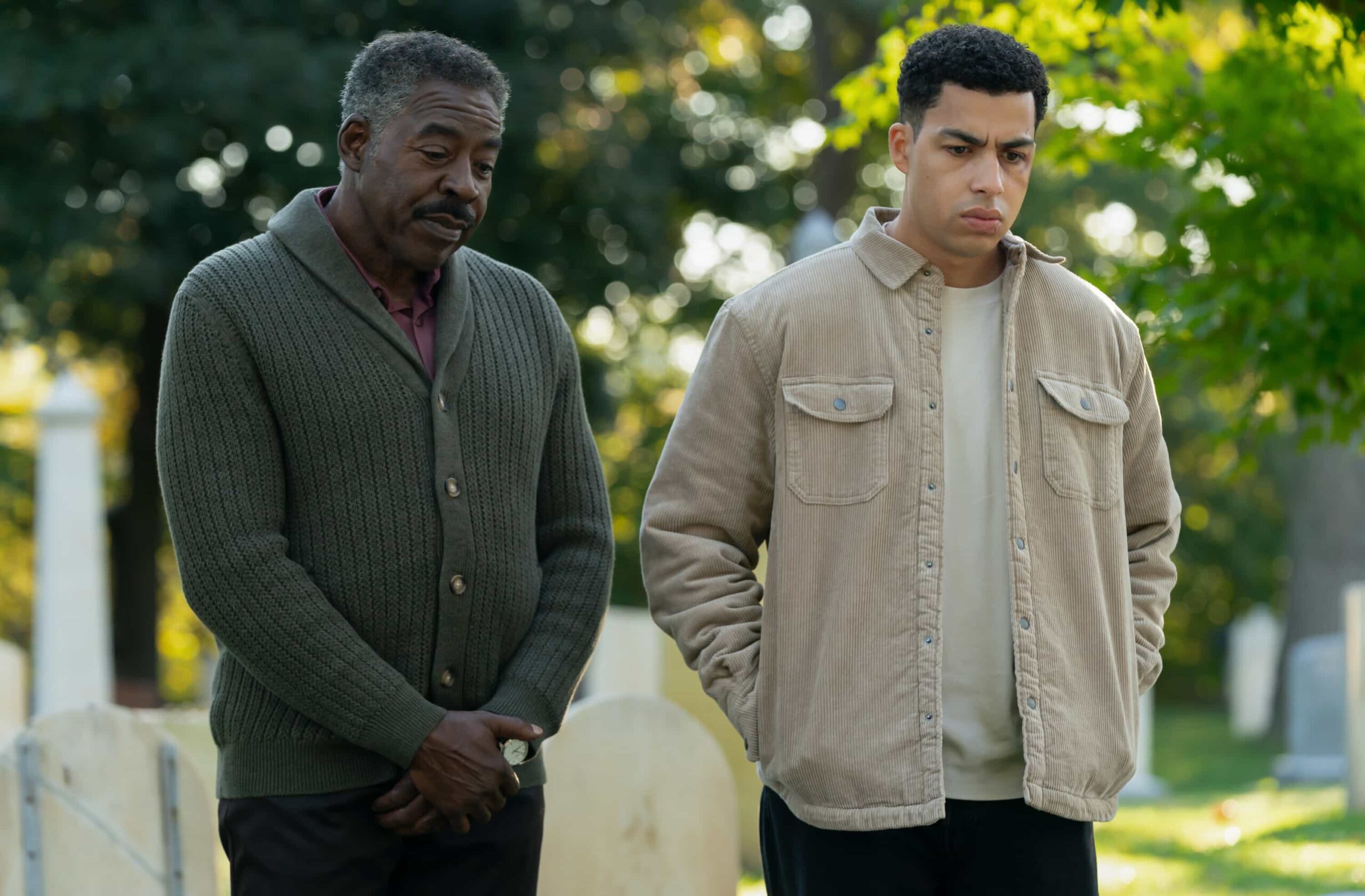 Boston Blue Season 1 Episode 9 still “Collateral Damage” – Mae faces public and family backlash over the consequences of her past decisions, while Sarah struggles with guilt that pushes her to take risks in pursuit of justice. At the same time, Lena and Danny dive into a tense homicide case, and Jonah’s anger over his father’s death threatens to unravel fragile family ties, on the CBS Original series BOSTON BLUE, Friday, Dec. 19    Pictured (L-R):Ernie Hudson as Reverend Edwin Peters and Marcus Scribner as Jonah Silver  Photo: Michael Gibson/CBS ©2025 CBS Broadcasting, Inc. All Rights Reserved.