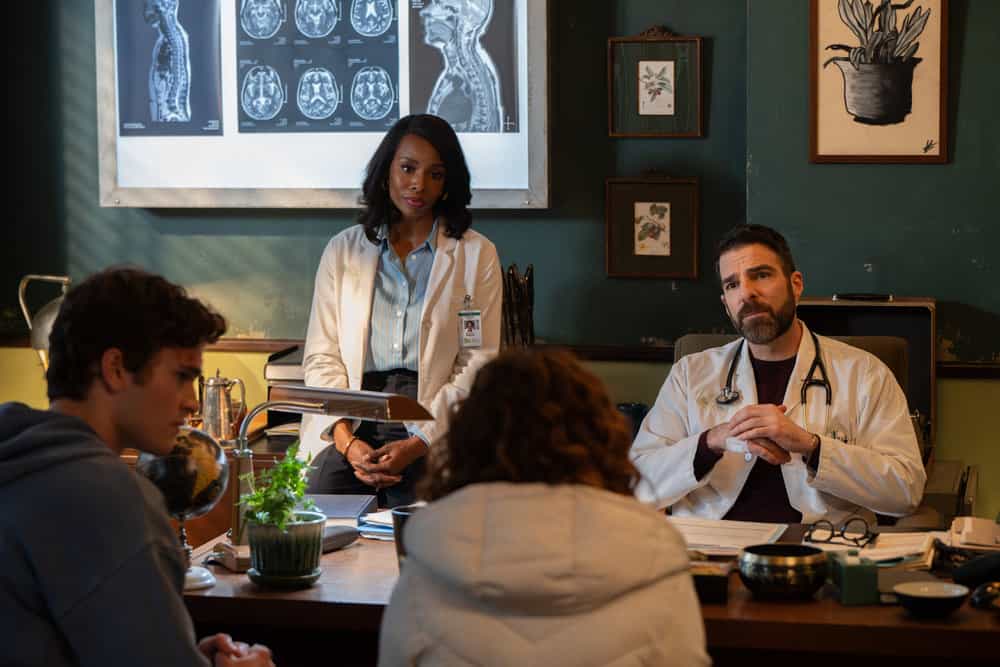 Brilliant Minds season 2 episode 11 picture -- "10 Minutes " Episode 211 -- Pictured: (l-r) Jack Cain as Nic Bozic, Tamberla Perry as Dr. Carol Pierce, Zachary Quinto as Dr. Oliver Wolf -- (Photo by: Pief Weyman/NBC)