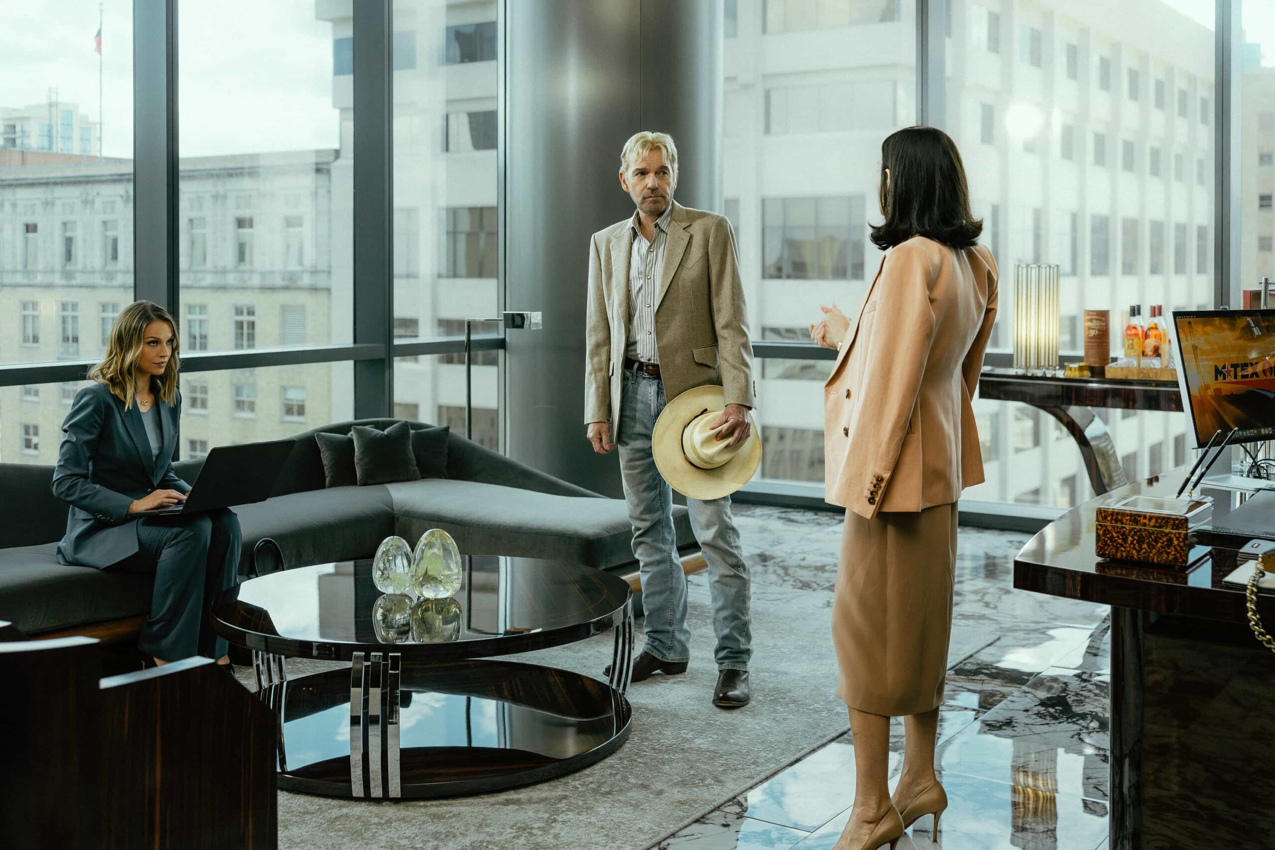 Kayla Wallace as Rebecca, Billy Bob Thornton as Tommy and Demi Moore as Cami in Landman episode 8, season 2, streaming on Paramount+. Photo Credit: Emerson Miller/Paramount+