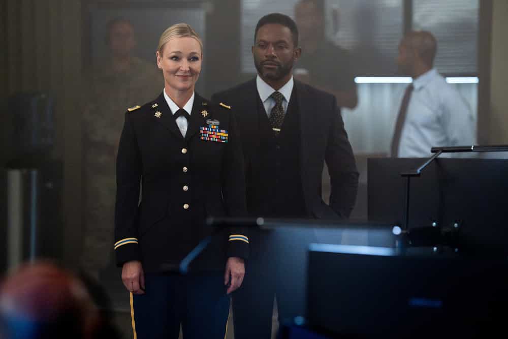 THE HUNTING PARTY -- "Ron Simms" Episode 201 -- Pictured: (l-r) Kari Matchett as Eve Lazarus, Luke Forbes as Jonathan Peck -- (Photo by: Ralph Bavaro/NBC)