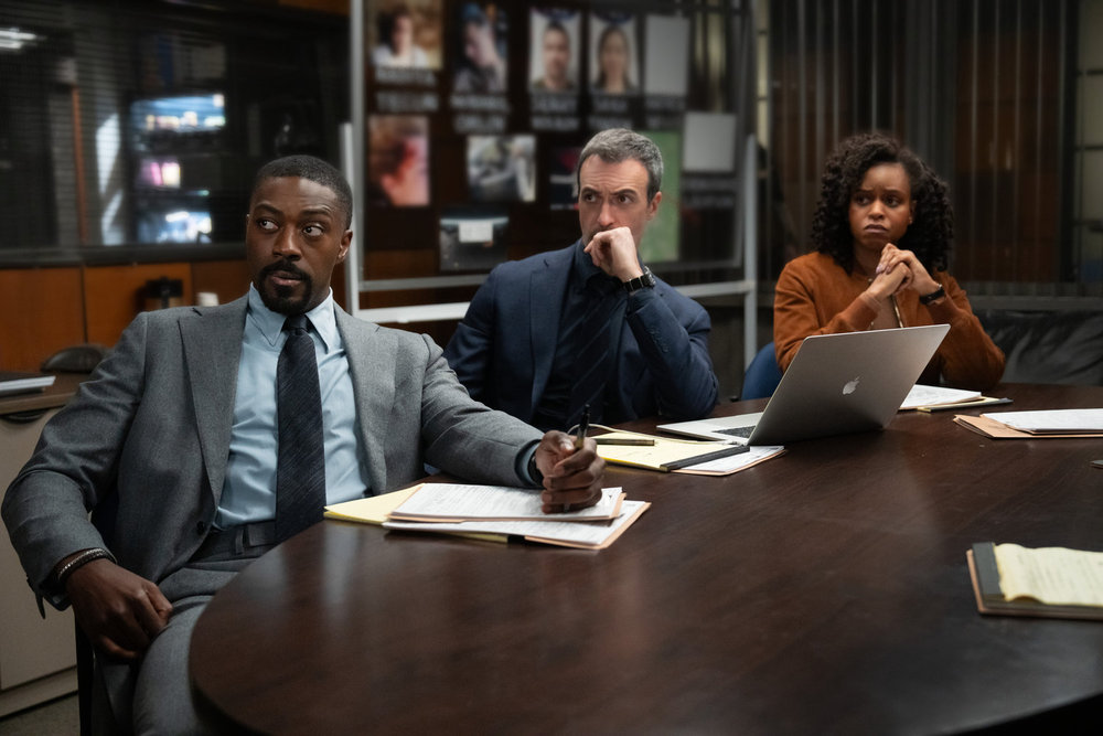 LAW & ORDER: SPECIAL VICTIMS UNIT -- "Purity" Episode 27012 -- Pictured: (l-r) David Ajala as Det. Theo Walker, Reid Scott as Detective Vincent Riley, Aimé Donna Kelly as Capt. Renee Curry -- (Photo by: Virginia Sherwood/NBC)