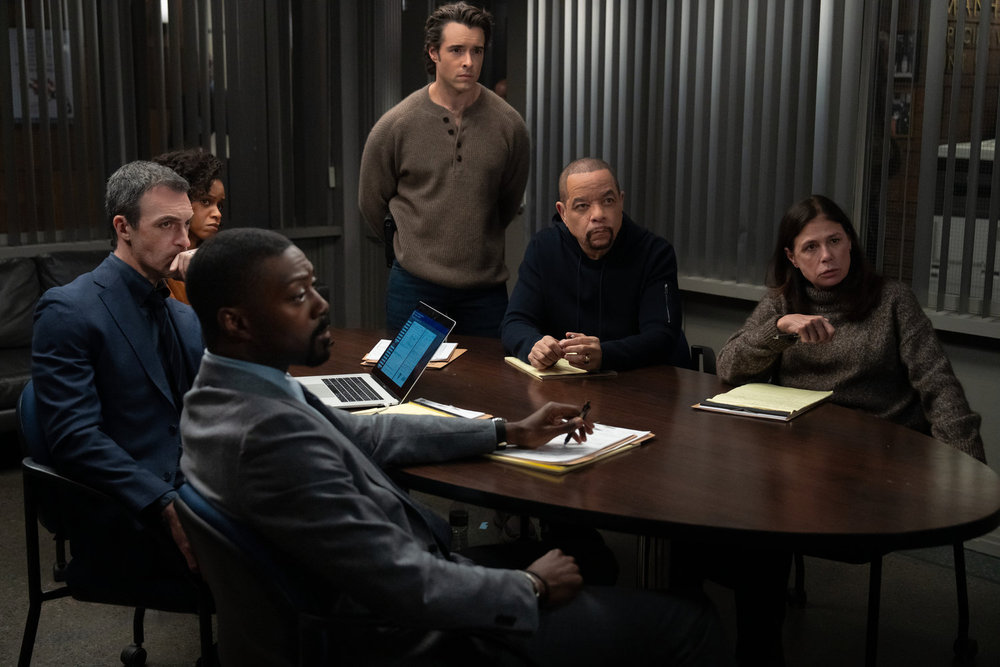 LAW & ORDER: SPECIAL VICTIMS UNIT -- "Purity" Episode 27012 -- Pictured: (l-r) Reid Scott as Detective Vincent Riley, Aimé Donna Kelly as Capt. Renee Curry, David Ajala as Det. Theo Walker, Corey Cott as Det. Jake Griffin, Ice T as Sgt. Odafin "Fin" Tutuola, Maura Tierney as Lieutenant Jessica Brady -- (Photo by: Virginia Sherwood/NBC)