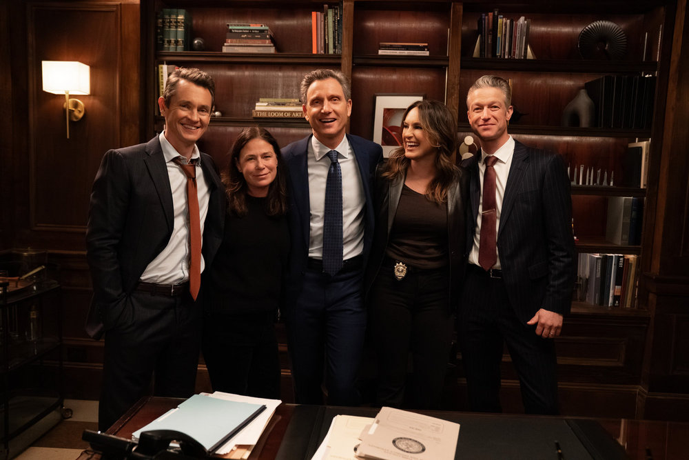 LAW & ORDER: SPECIAL VICTIMS UNIT -- "Purity" Episode 27012 -- Pictured: (l-r) Hugh Dancy as A.D.A. Nolan Price, Maura Tierney as Lieutenant Jessica Brady, Tony Goldwyn as District Attorney Nicholas Baxter, Mariska Hargitay as Capt. Olivia Benson, Peter Scanavino as A.D.A Dominick "Sonny" Carisi Jr. -- (Photo by: Ralph Bavaro/NBC)