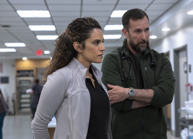 The Pitt Season 2 Episode 1 - Sepideh Moafi, Noah Wyle - Santos shares Kylie's info w/Robby and Al-Hashimi. (Warrick Page/MAX)