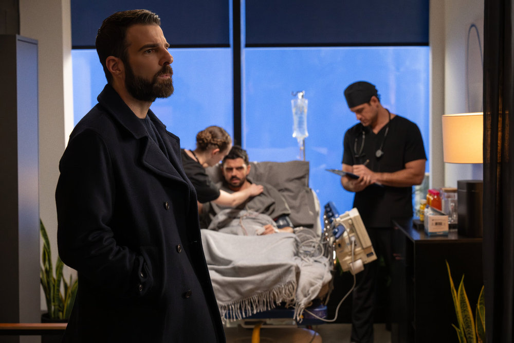 BRILLIANT MINDS -- "The Rider " Episode 212 -- Pictured: (l-r) Zachary Quinto as Dr. Oliver Wolf, Micah Joe Parker as Benson Bowman, Marco Pigossi as Dr. Beau Pedrosa -- (Photo by: Pief Weyman/NBC)
