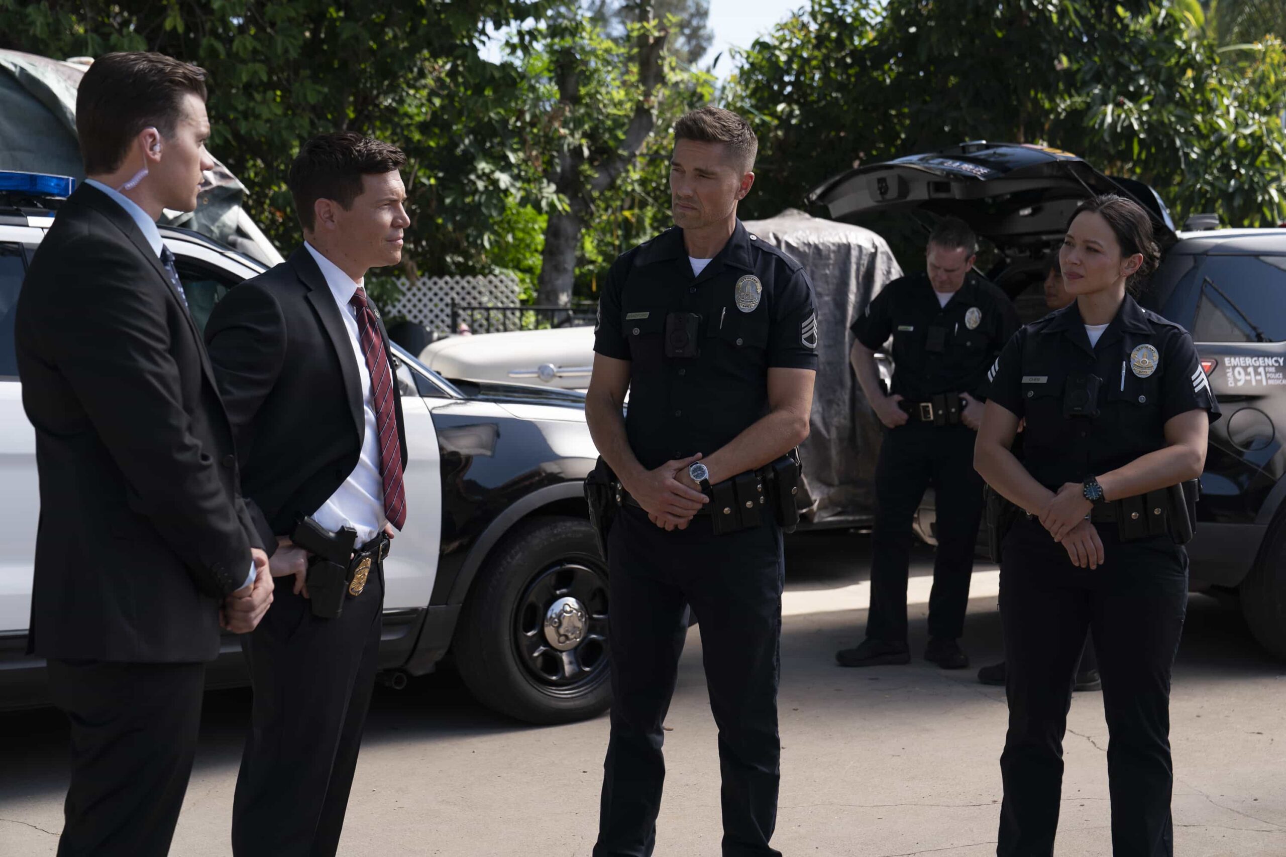THE ROOKIE Season 8 Episode 2 - “Fast Andy” - When the president visits Los Angeles, the LAPD teams up with the Secret Service to ensure his safety and assess any major threats on their watch list. Meanwhile, Miles’s instincts are tested, and Tim takes on a new role. TUESDAY, JAN. 13 (10:00-11:00 p.m. EST) on ABC. (Disney/Mike Taing) 
JOEL COURTNEY, JIMI STANTON, ERIC WINTER, MELISSA O’NEIL