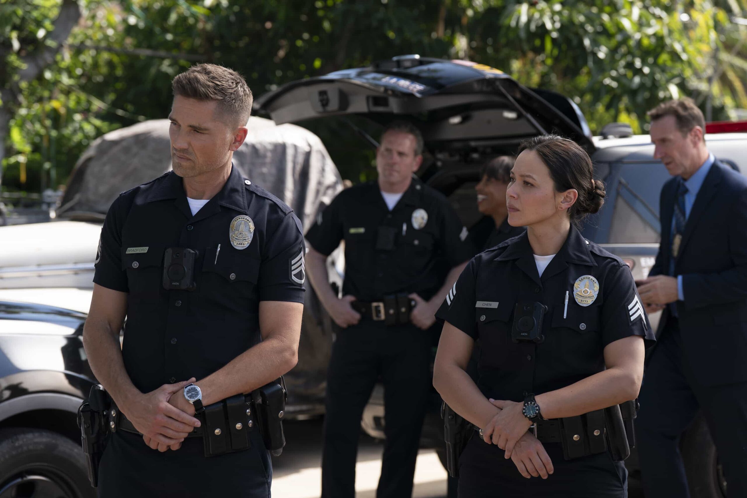 THE ROOKIE Season 8 Episode 2 picture - “Fast Andy” - When the president visits Los Angeles, the LAPD teams up with the Secret Service to ensure his safety and assess any major threats on their watch list. Meanwhile, Miles’s instincts are tested, and Tim takes on a new role. TUESDAY, JAN. 13 (10:00-11:00 p.m. EST) on ABC. (Disney/Mike Taing) 
ERIC WINTER, MELISSA O’NEIL