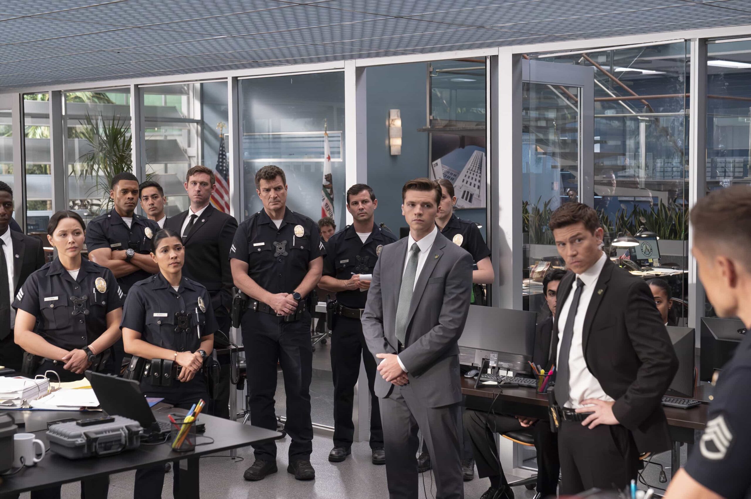 THE ROOKIE - “Fast Andy” - When the president visits Los Angeles, the LAPD teams up with the Secret Service to ensure his safety and assess any major threats on their watch list. Meanwhile, Miles’s instincts are tested, and Tim takes on a new role. TUESDAY, JAN. 13 (10:00-11:00 p.m. EST) on ABC. (Disney/Mike Taing) 
MELISSA O’NEIL, DERIC AUGUSTINE, LISSETH CHAVEZ, NATHAN FILLION, JOEL COURTNEY, JIMI STANTON