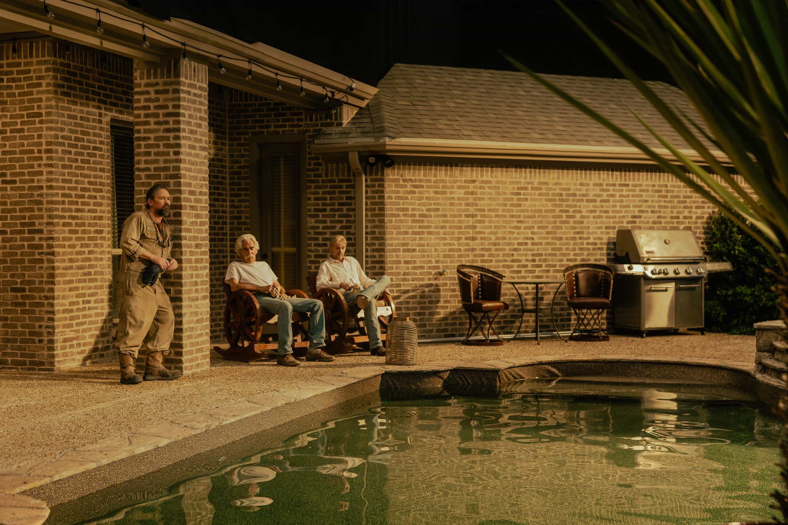 James Jordan as Dale, Sam Elliott as T.L. and Billy Bob Thornton as Tommy in Landman episode 10, season 2, streaming on Paramount+. Photo Credit: Emerson Miller/Paramount+