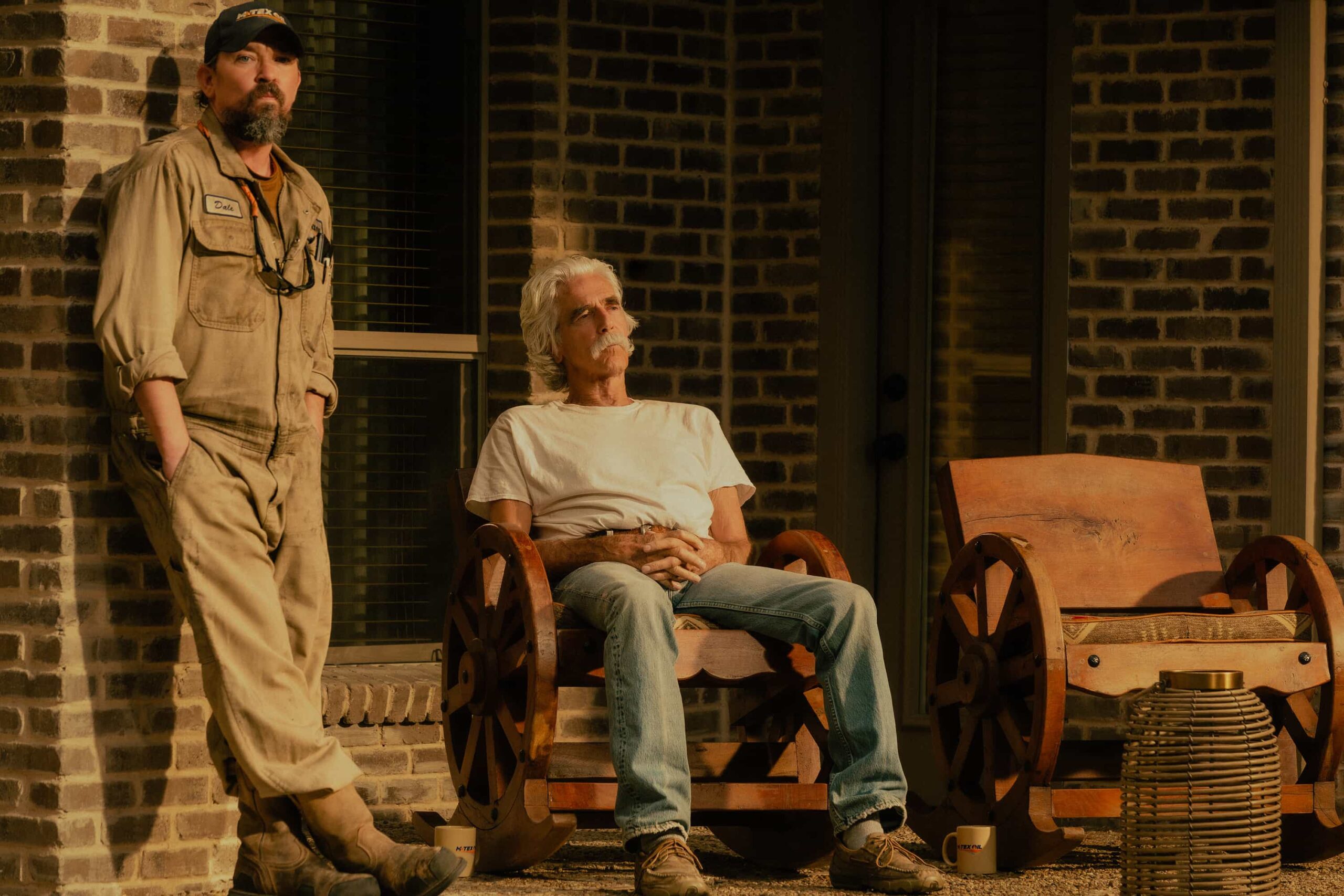 James Jordan as Dale and Sam Elliott as T.L. in Landman episode 10, season 2, streaming on Paramount+. Photo Credit: Emerson Miller/Paramount+