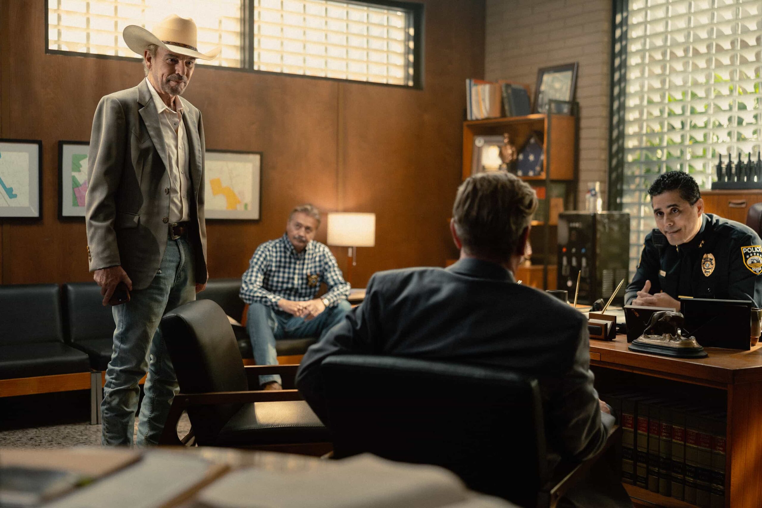 Landman Season 2 Episode 10 Billy Bob Thornton as Tommy and Mark Collie as Sheriff Joeberg in Landman episode 10, season 2, streaming on Paramount+. Photo Credit: Emerson Miller/Paramount+