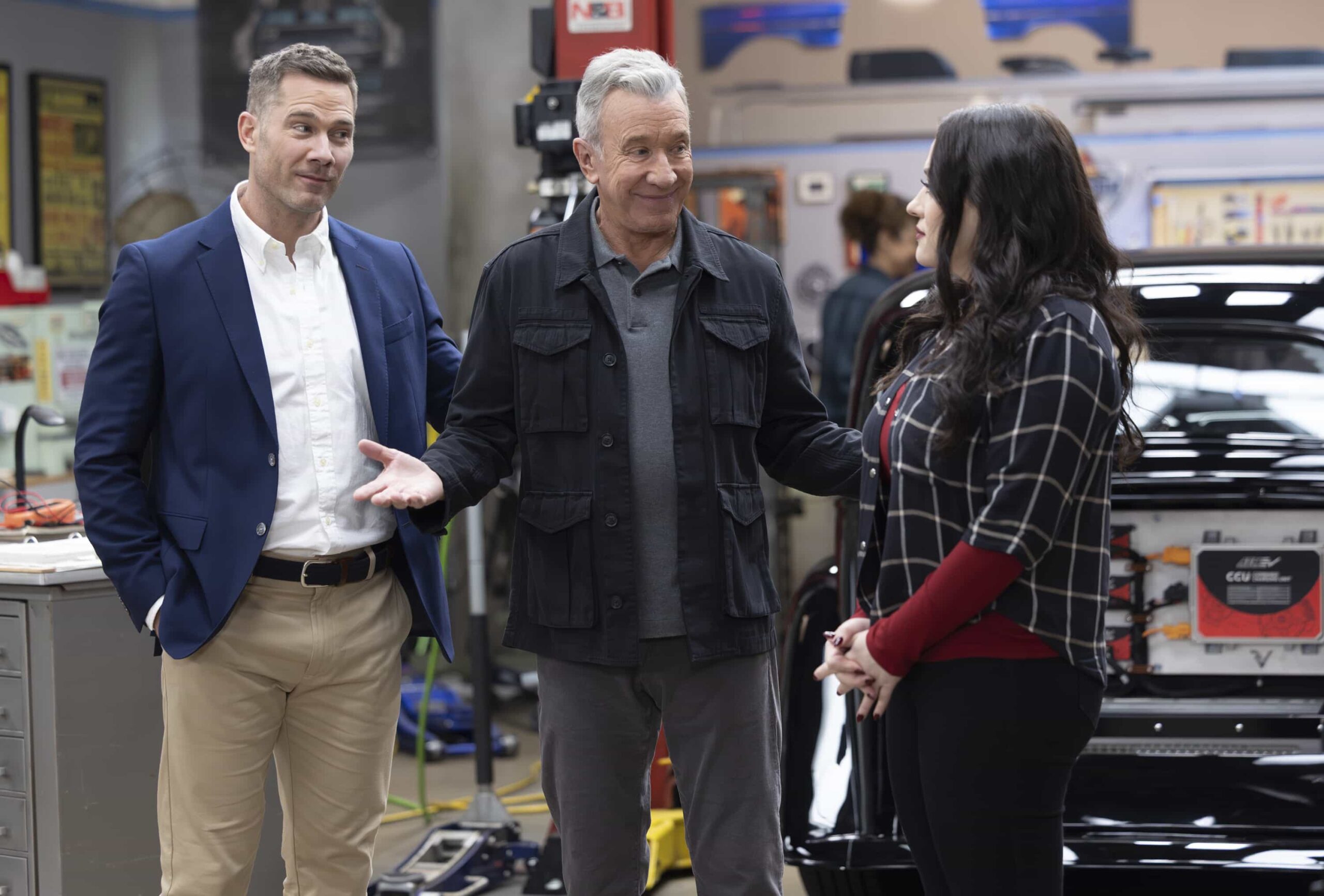 SHIFTING GEARS Season 2 Episode 12 Image - “Uncle Sam” - Matt is thrilled to show off his military-hero son Sam, but a shift in Sam’s career could finally give Riley a chance to be the golden child. Meanwhile, Andy’s singing hits all the wrong notes for Riley. Jesse Williams and Luke Macfarlane guest star. WEDNESDAY, JAN. 28 (8:00-8:30 p.m. EST) on ABC. (Disney/Raymond Liu) 
LUKE MACFARLANE, TIM ALLEN, KAT DENNINGS